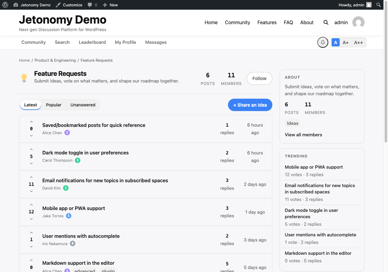 Ideas space with vote counts and Share an Idea button