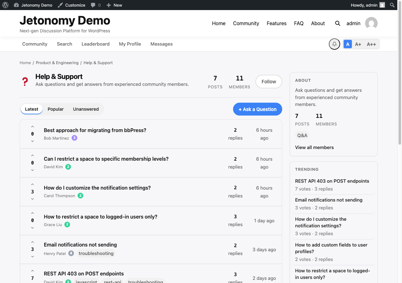 Space page with sidebar showing topic listings and member activity