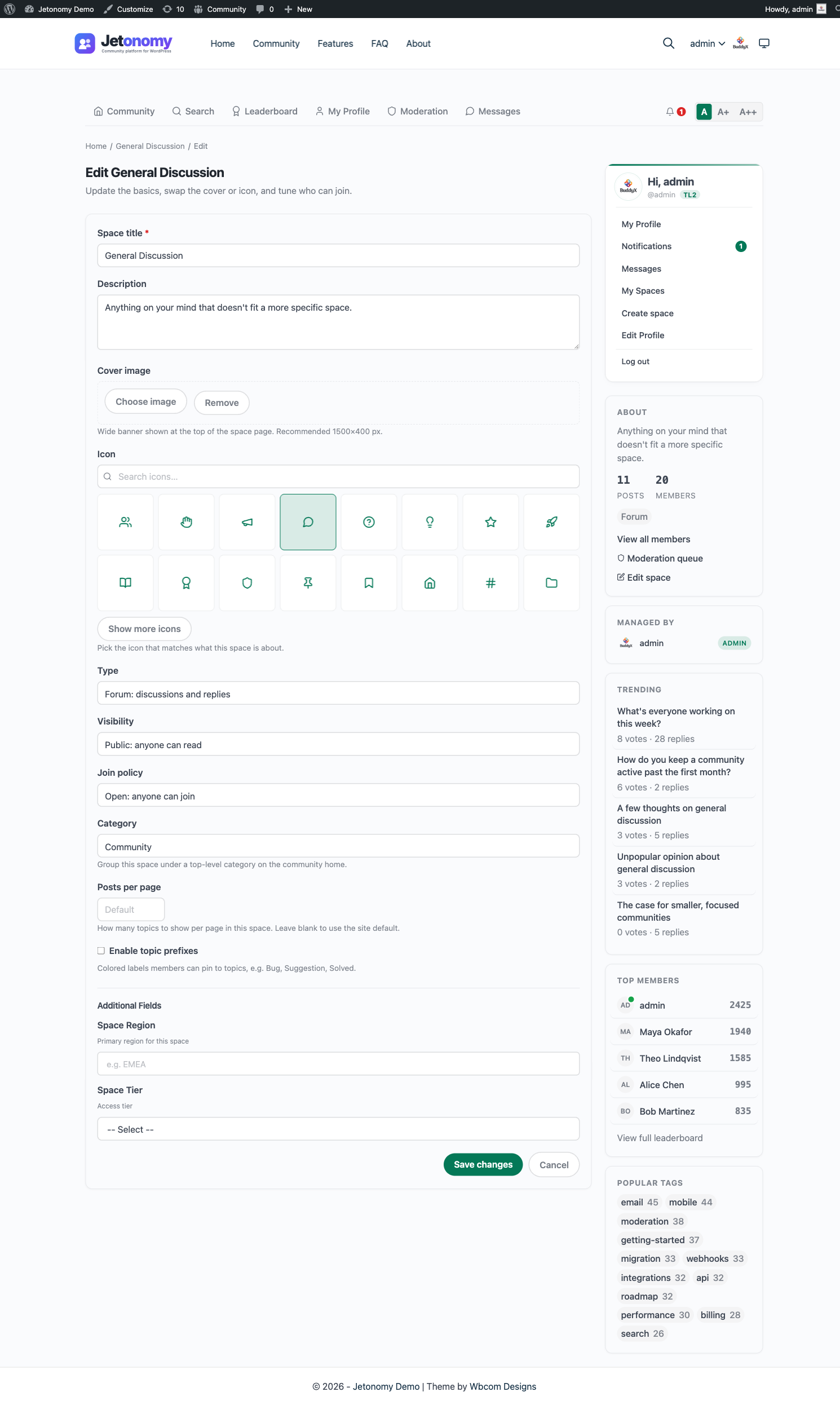 Front-end Edit Space page at /community/s/<slug>/edit/ with the Edit space button visible in the space header and the editable fields below