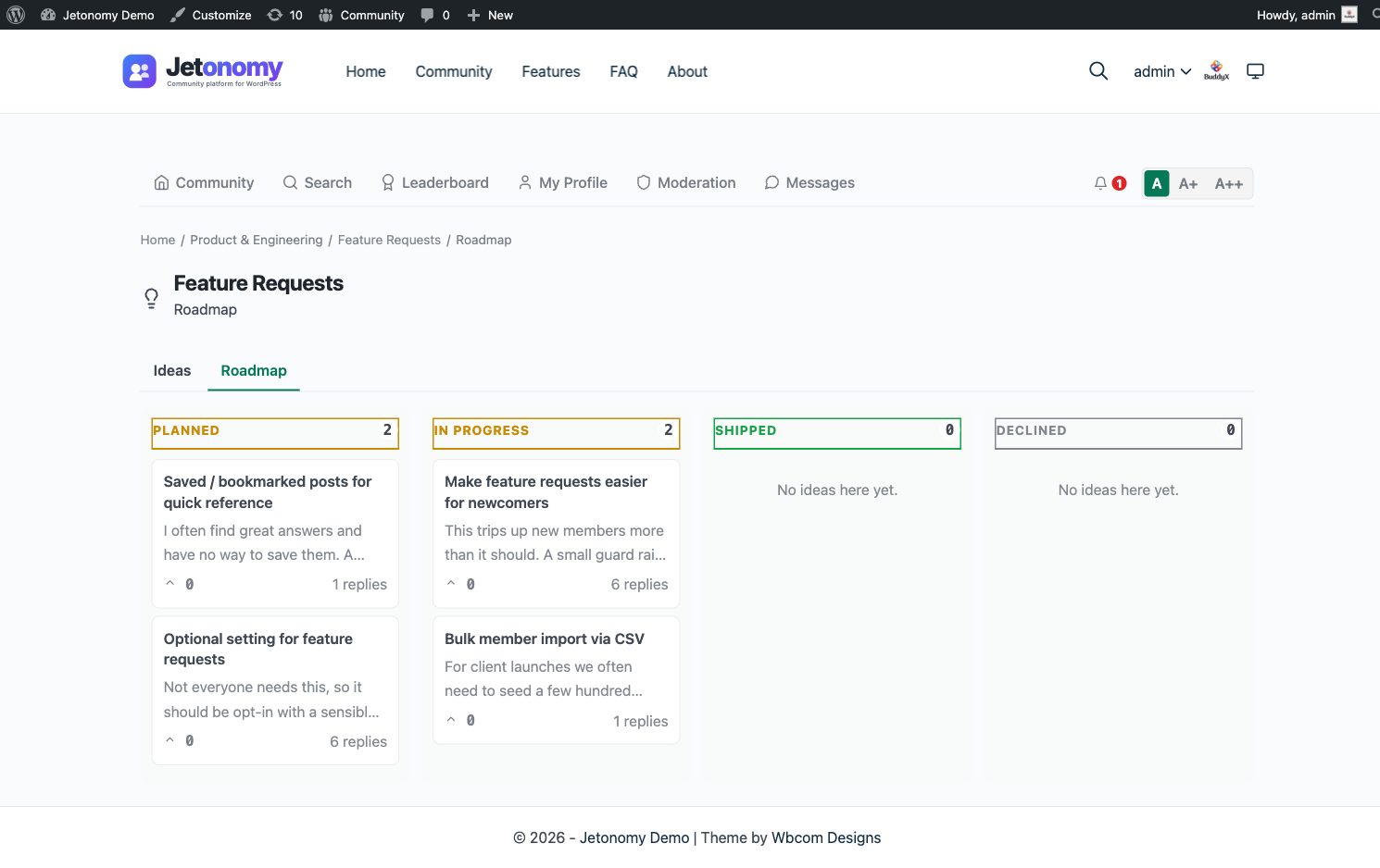 Ideas roadmap view with four status lanes - Planned, In Progress, Shipped, and Declined - each holding idea cards sorted by vote score