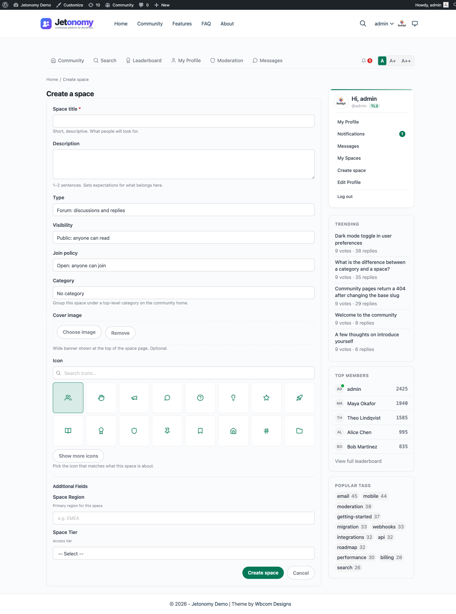 Front-end Create Space form at /community/new-space/ showing the Title, Description, Type, Visibility, Join policy, Category, and Icon fields