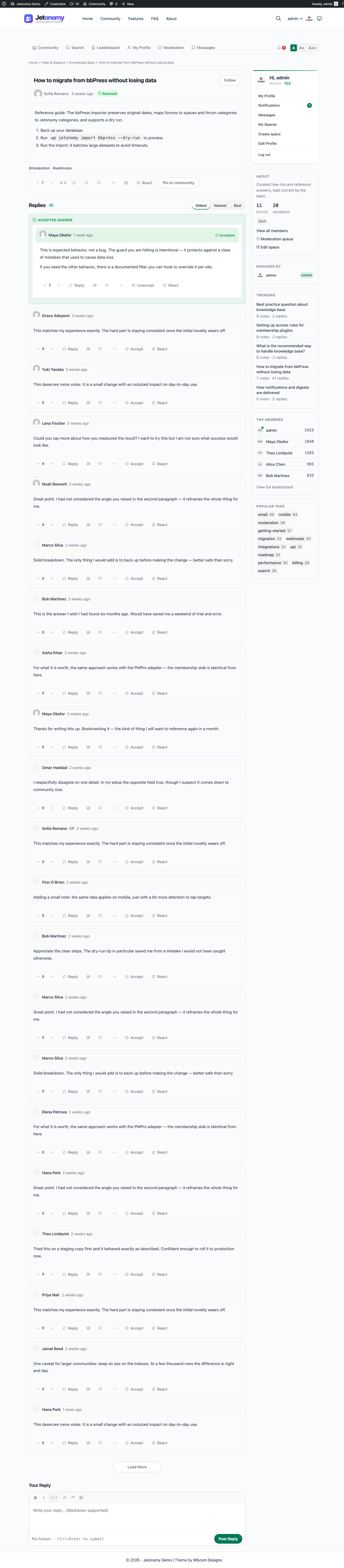 Jetonomy Q&A space showing an accepted-answer callout - a feature wpForo's basic question/answer mode does not offer