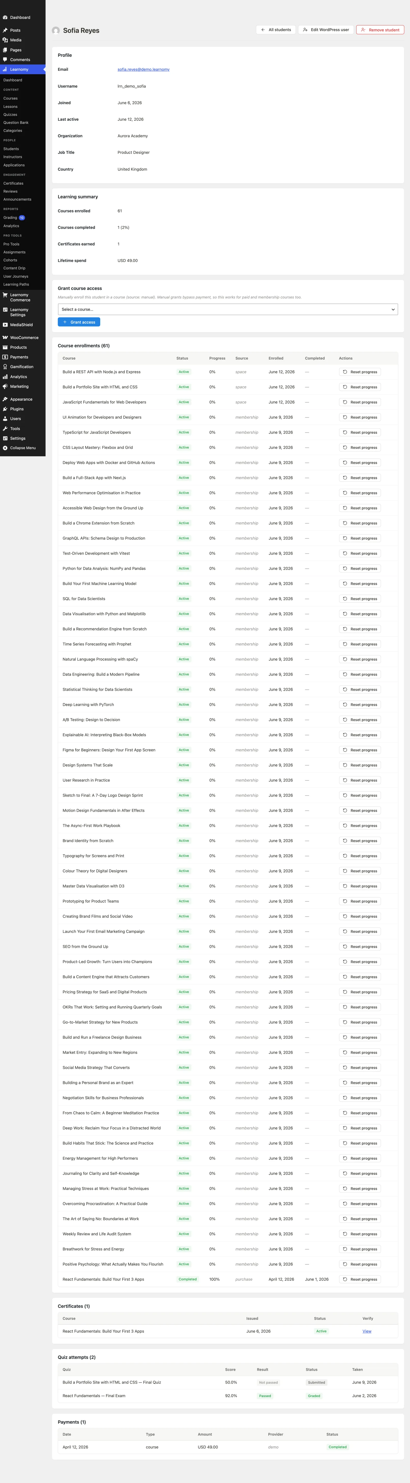 Custom field values on a student detail page