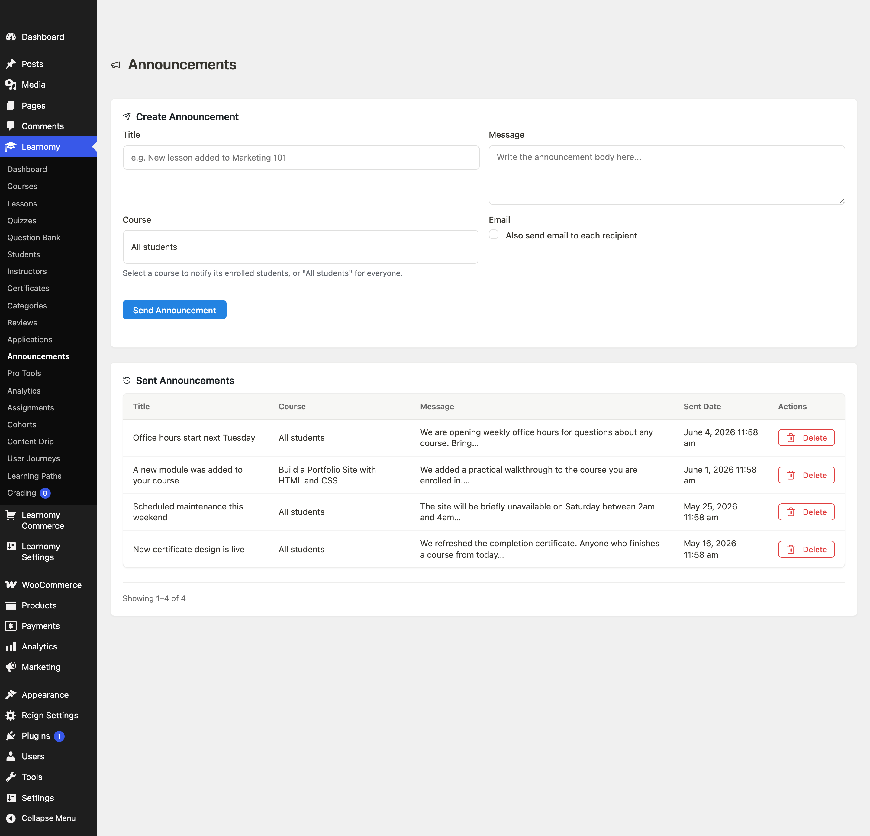 Announcements page