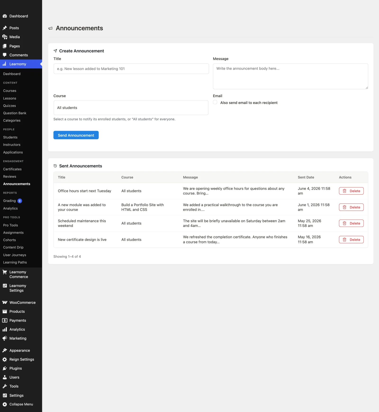 Announcements page