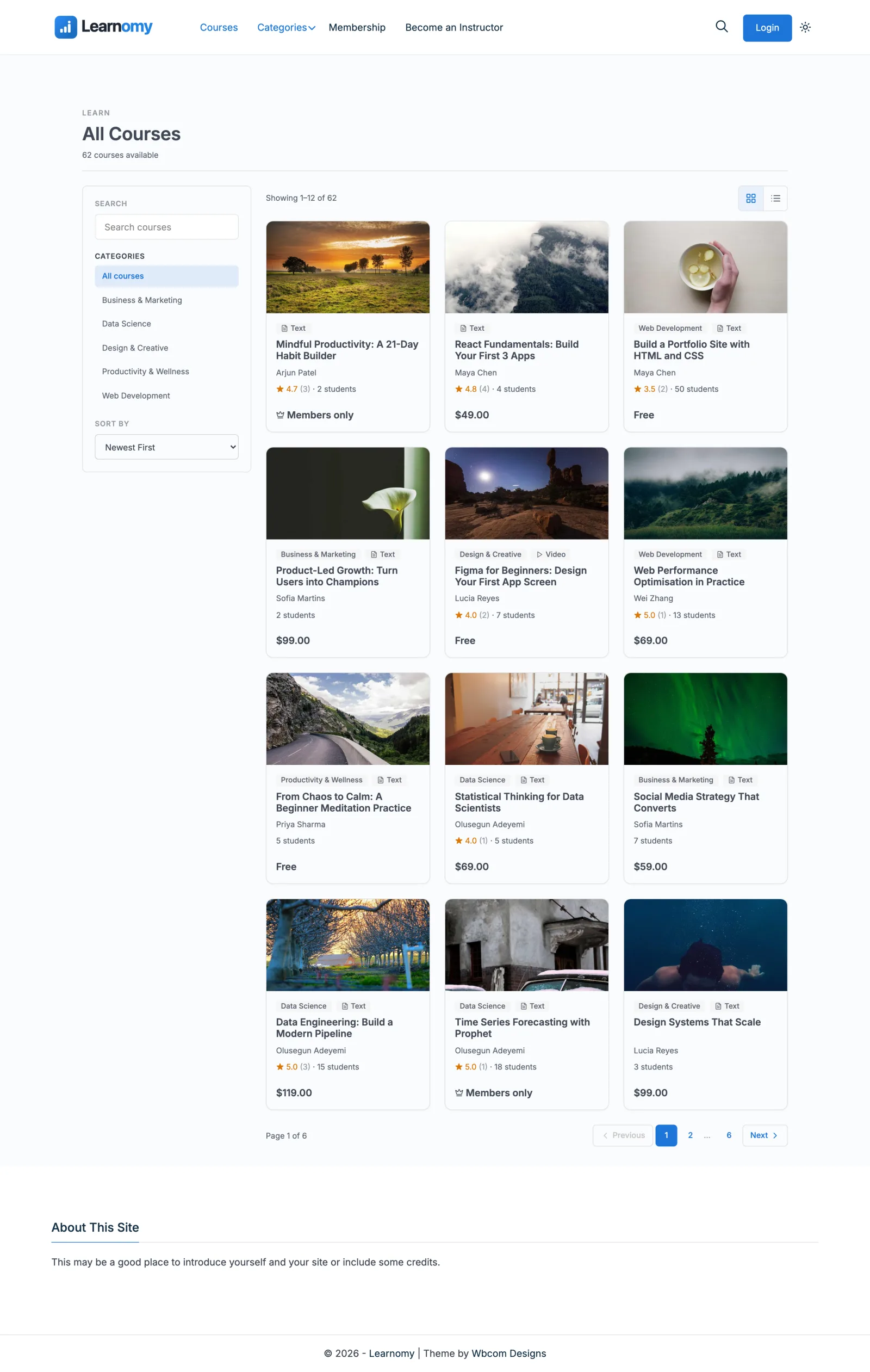 Learnomy course catalog with category filters, course cards, and enrollment pricing