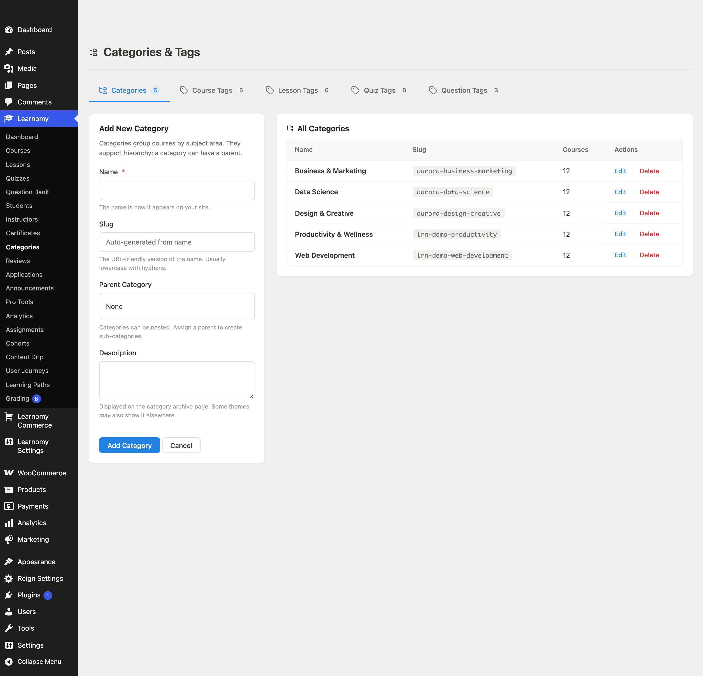 Categories page