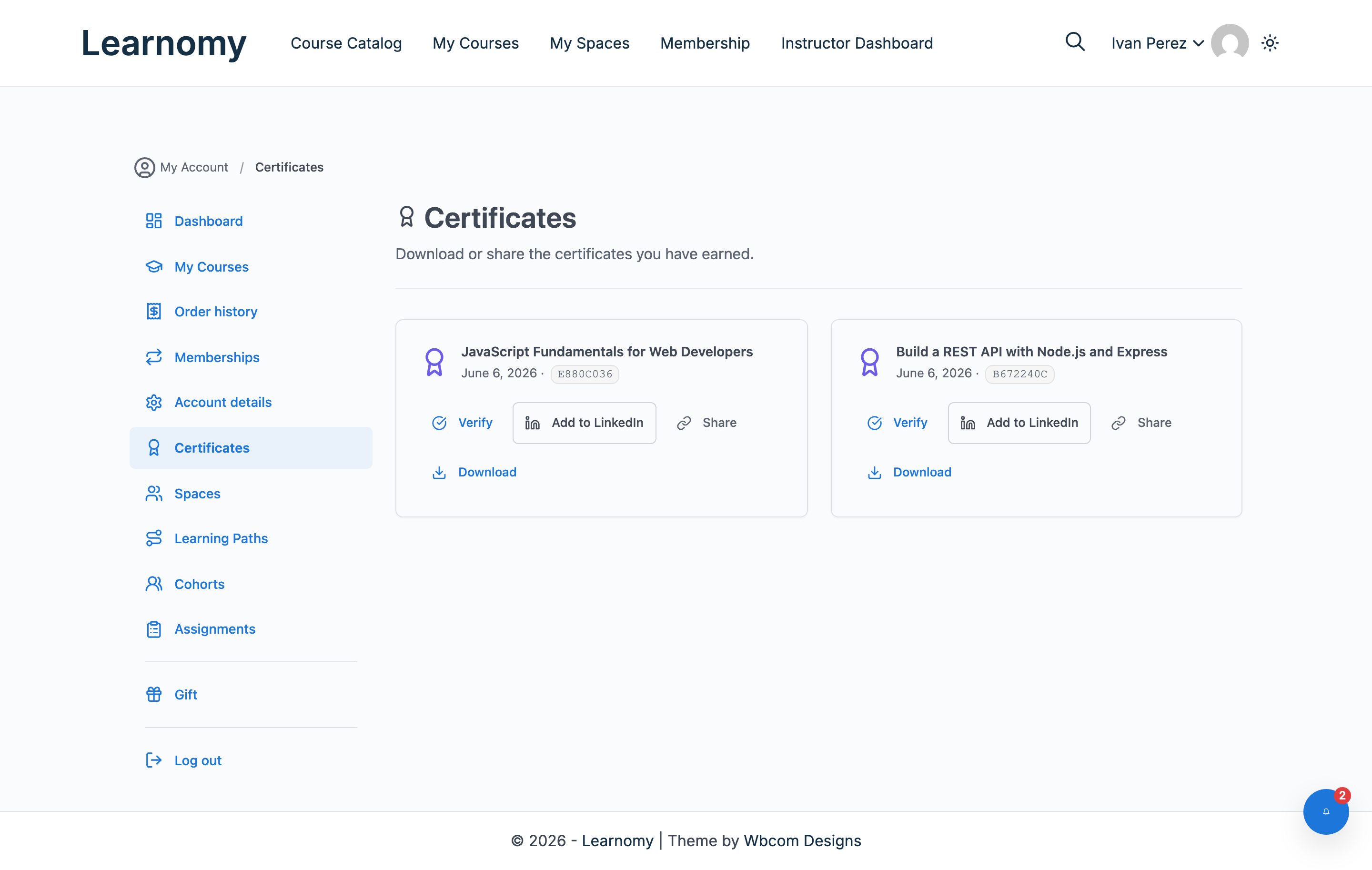 Student certificates page