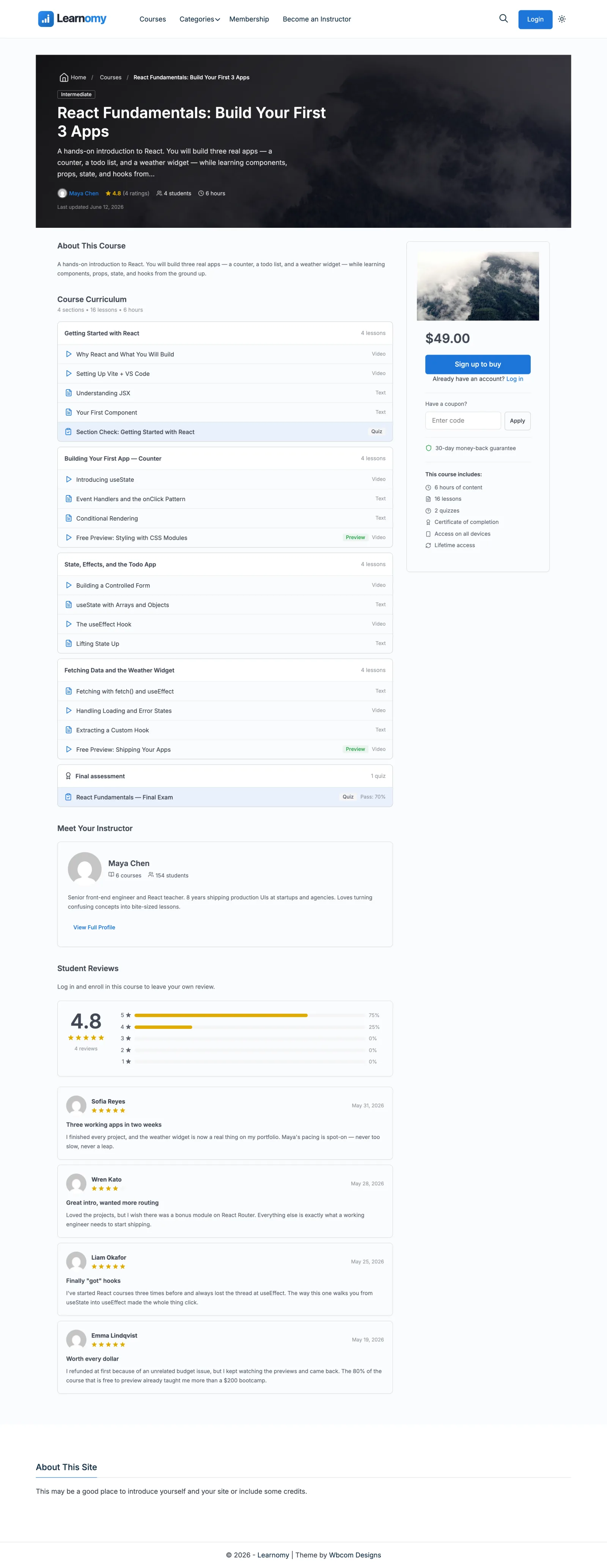 Learnomy course detail page showing curriculum preview, instructor bio, and enrollment pricing