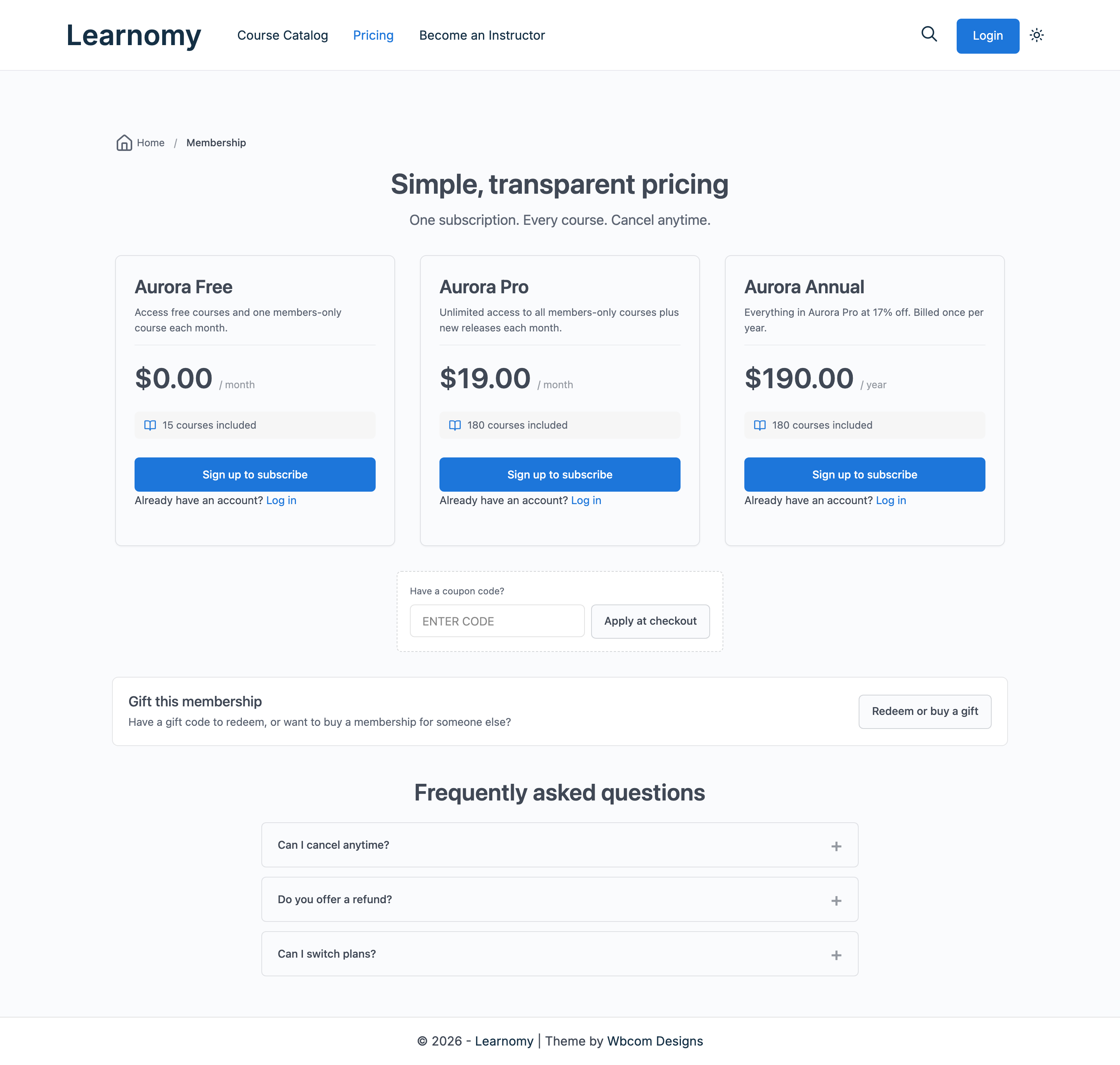Membership pricing page
