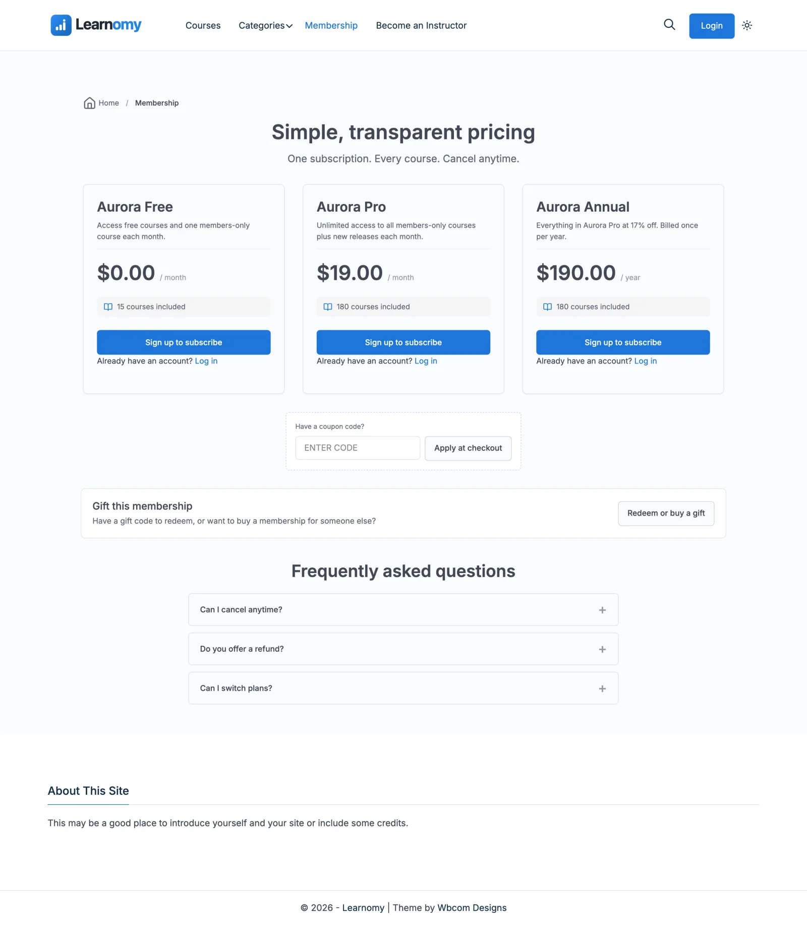 Membership pricing page