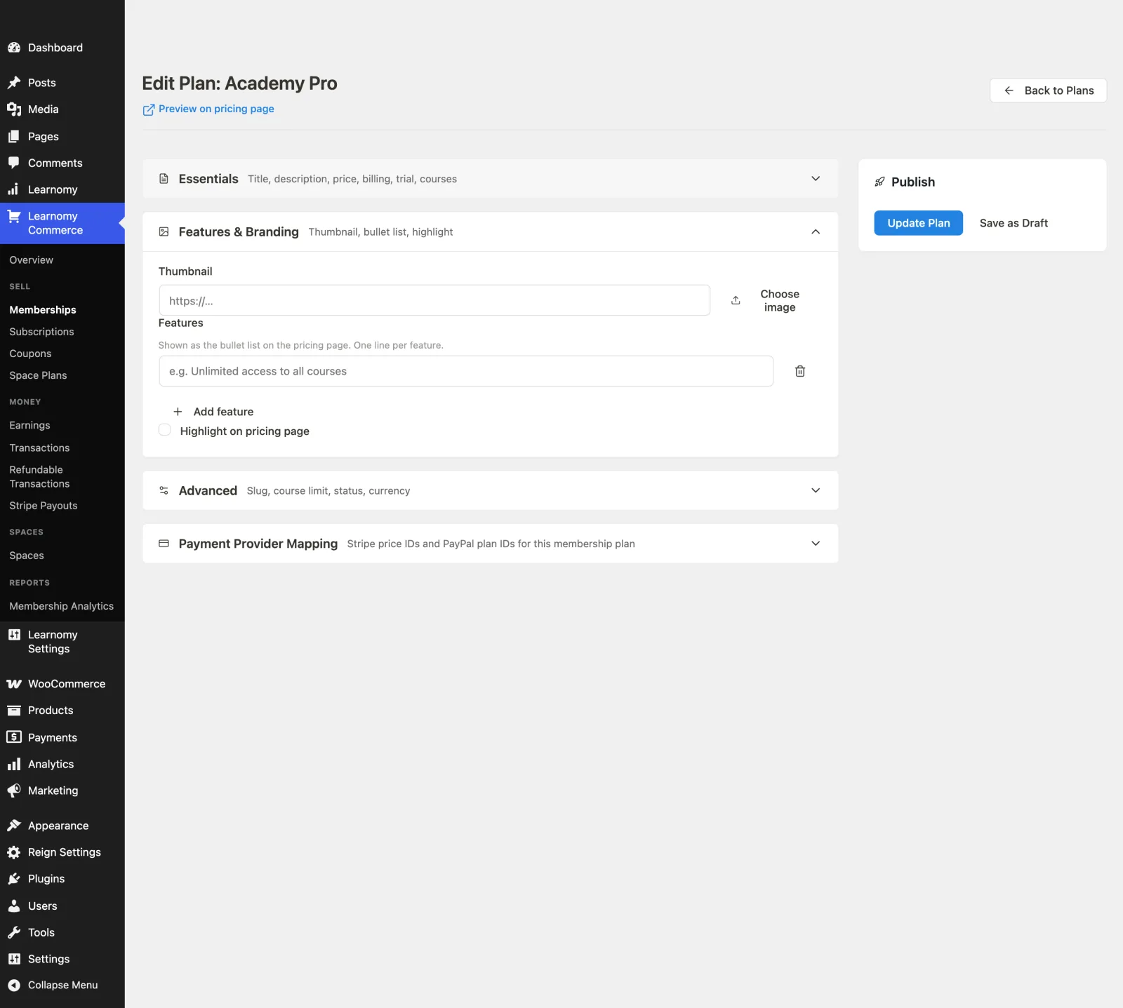 Plan edit screen