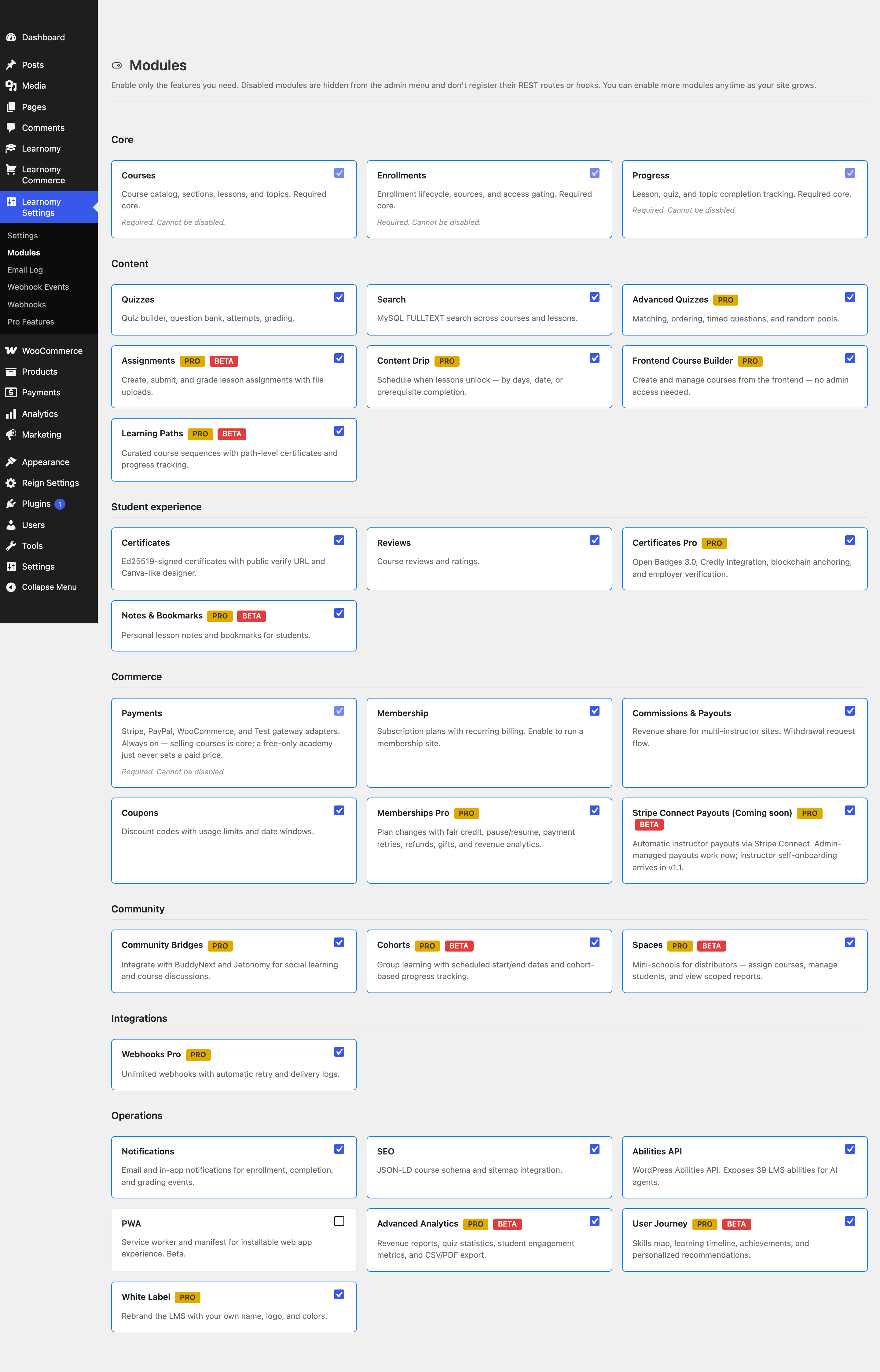Modules page showing module grid