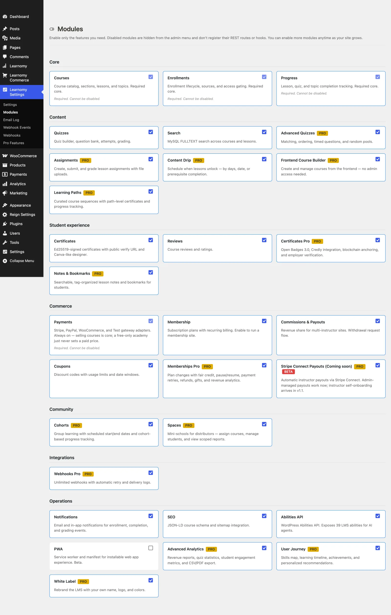 Modules page showing module grid