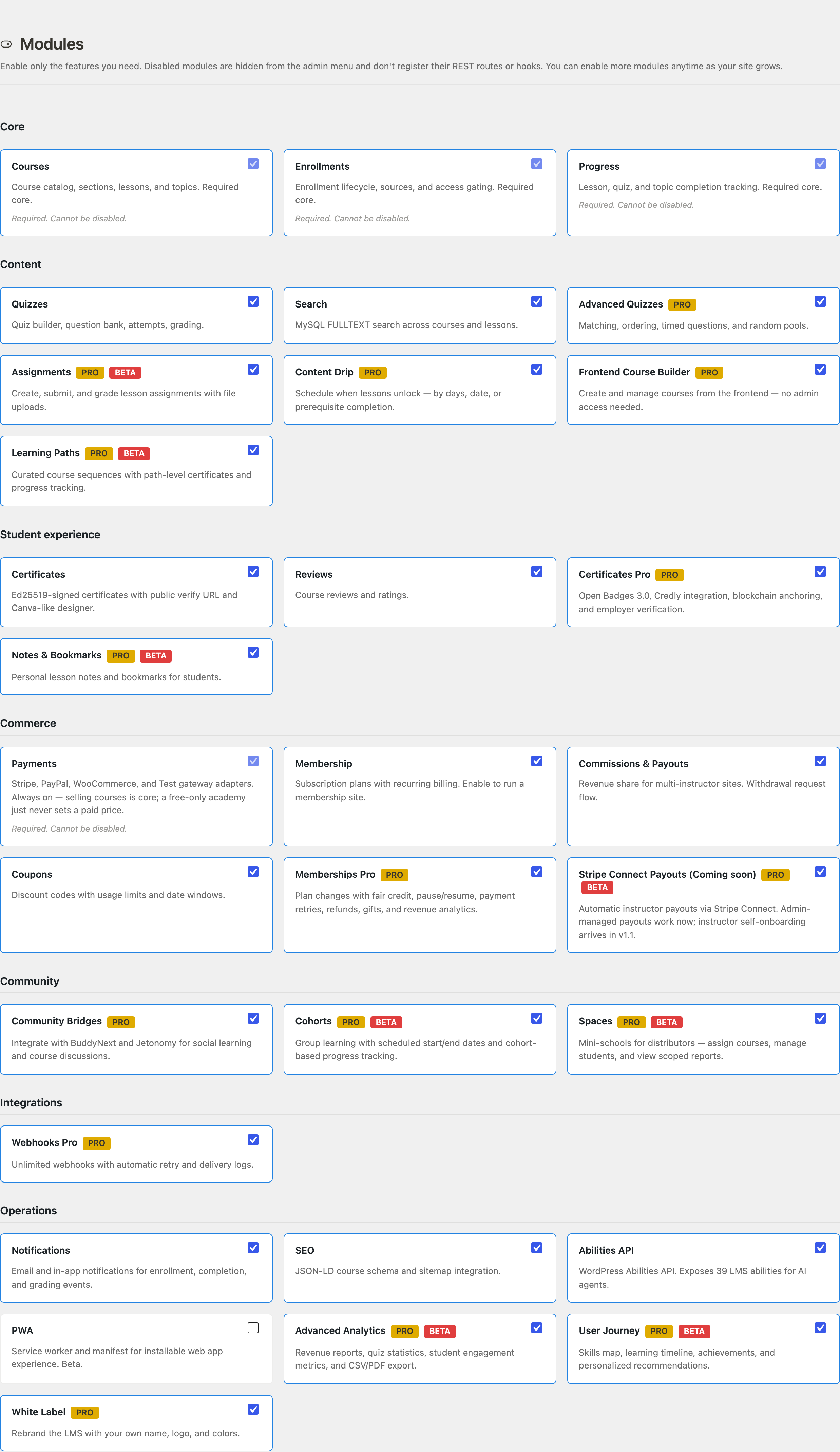 Module grid showing all categories