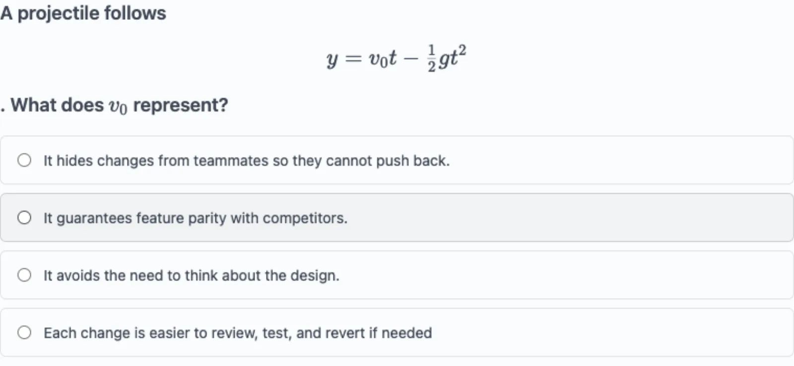 A quiz question with a rendered LaTeX formula in the stem