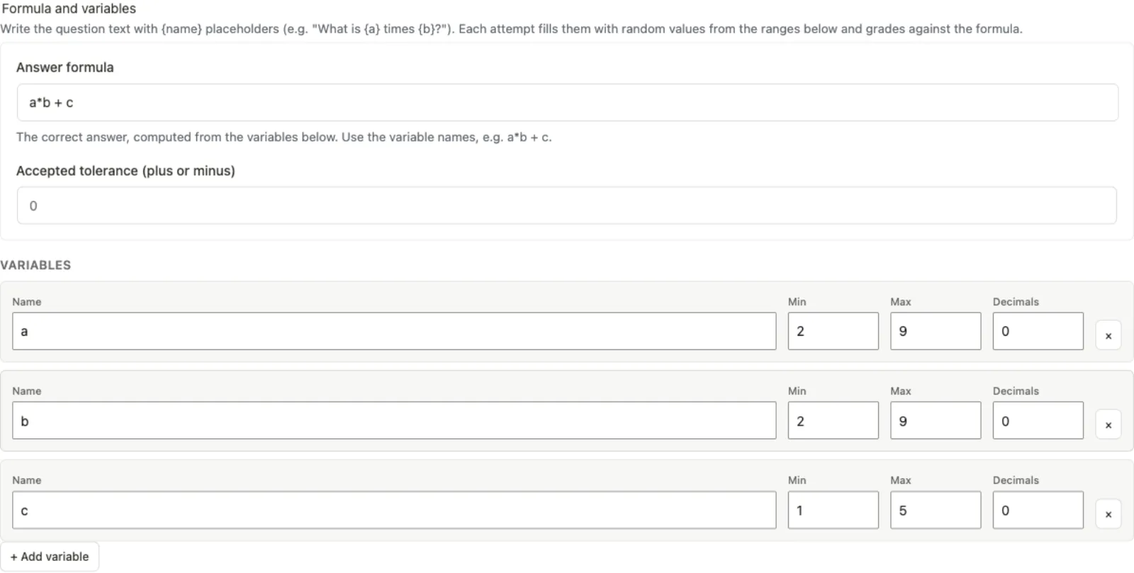 Calculated question setup: an answer formula, a tolerance, and a variable repeater with Name, Min, Max and Decimals