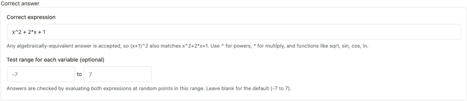 Math expression answer fields: correct expression and an optional test range