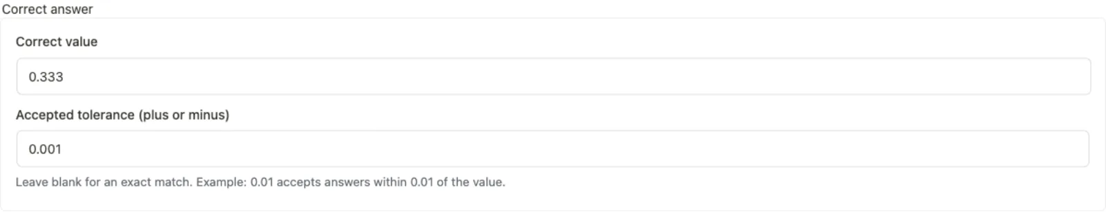 Numeric question answer fields: Correct value and Accepted tolerance