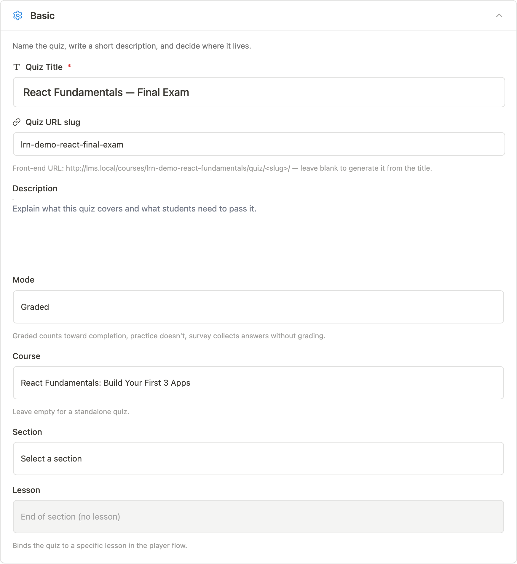 Quiz editor settings
