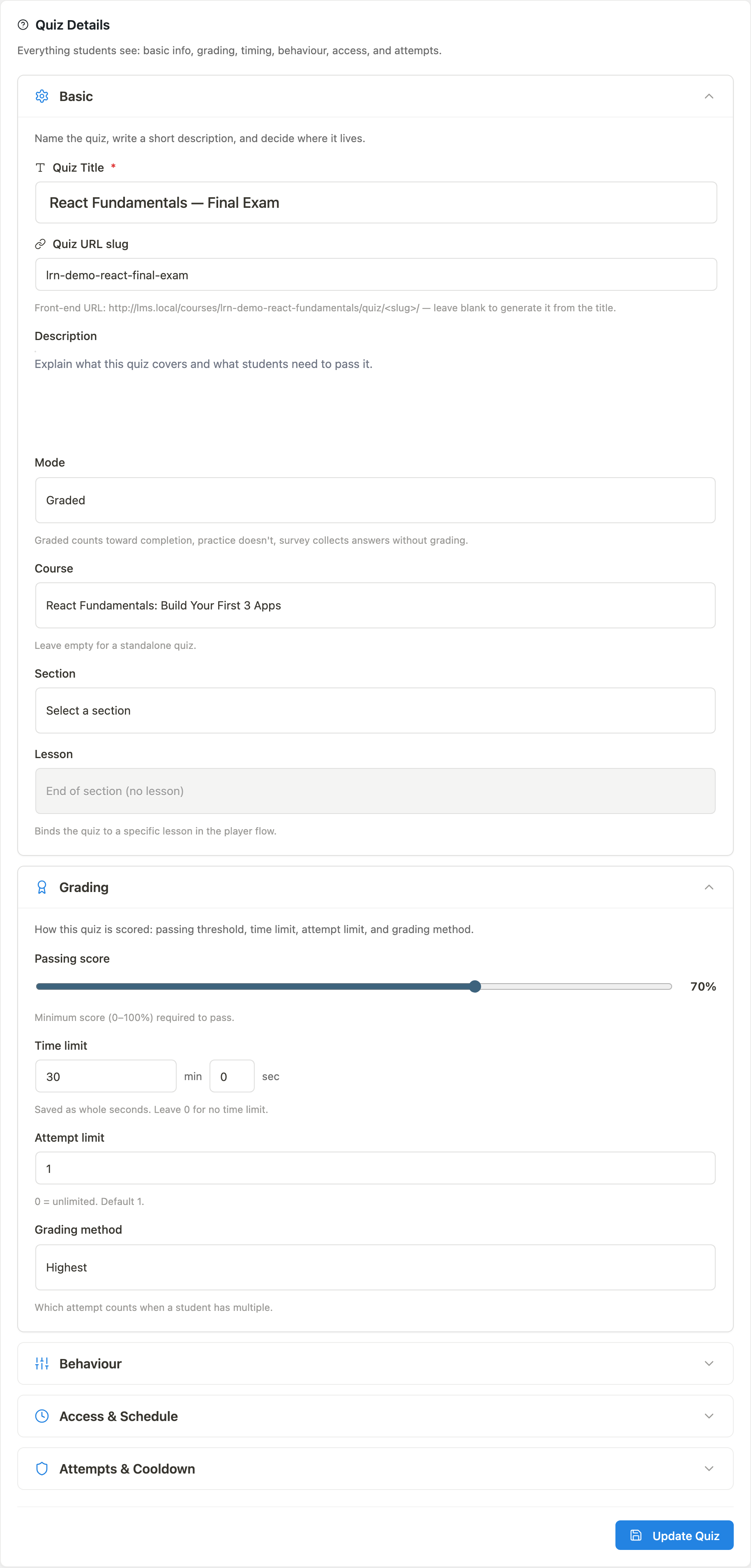 Quiz editor slots