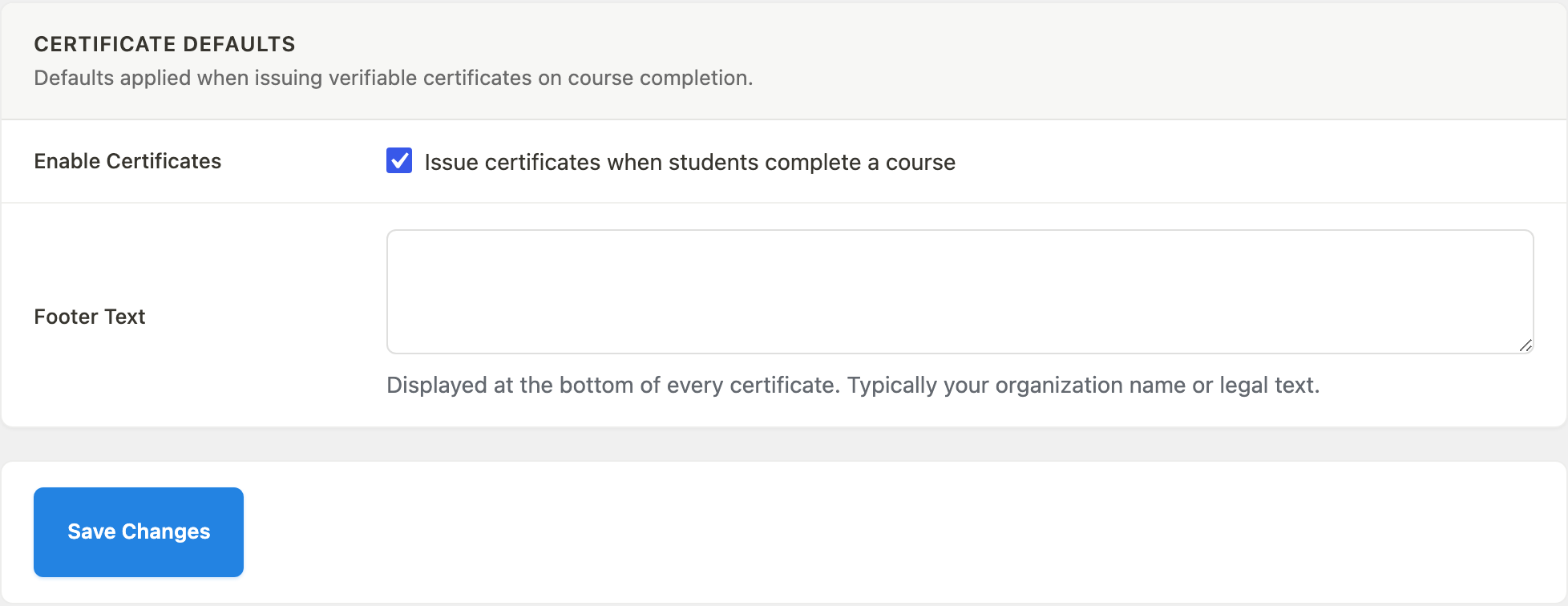 Certificate Defaults section
