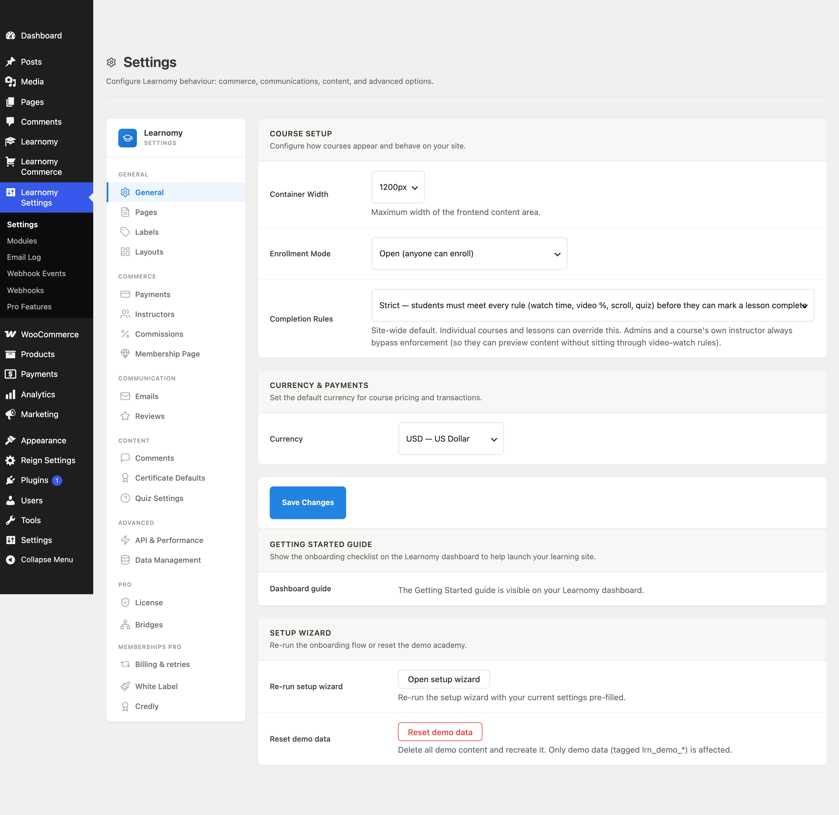 Settings page with sidebar navigation