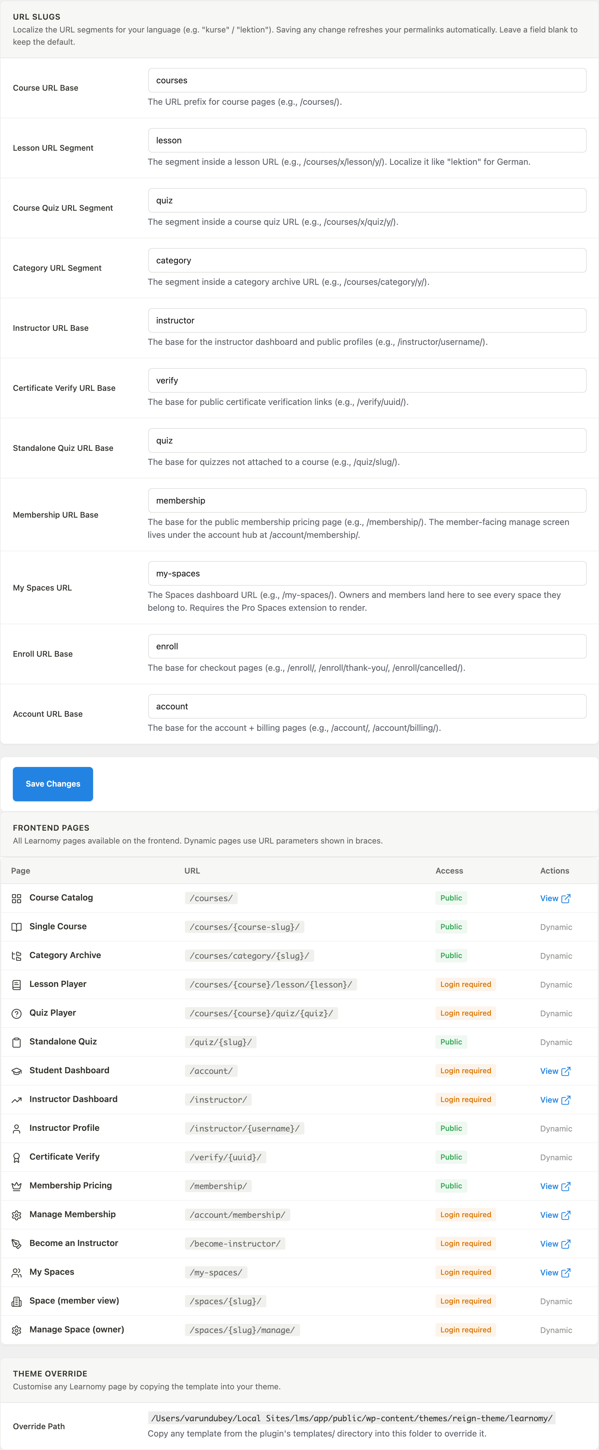 Pages section