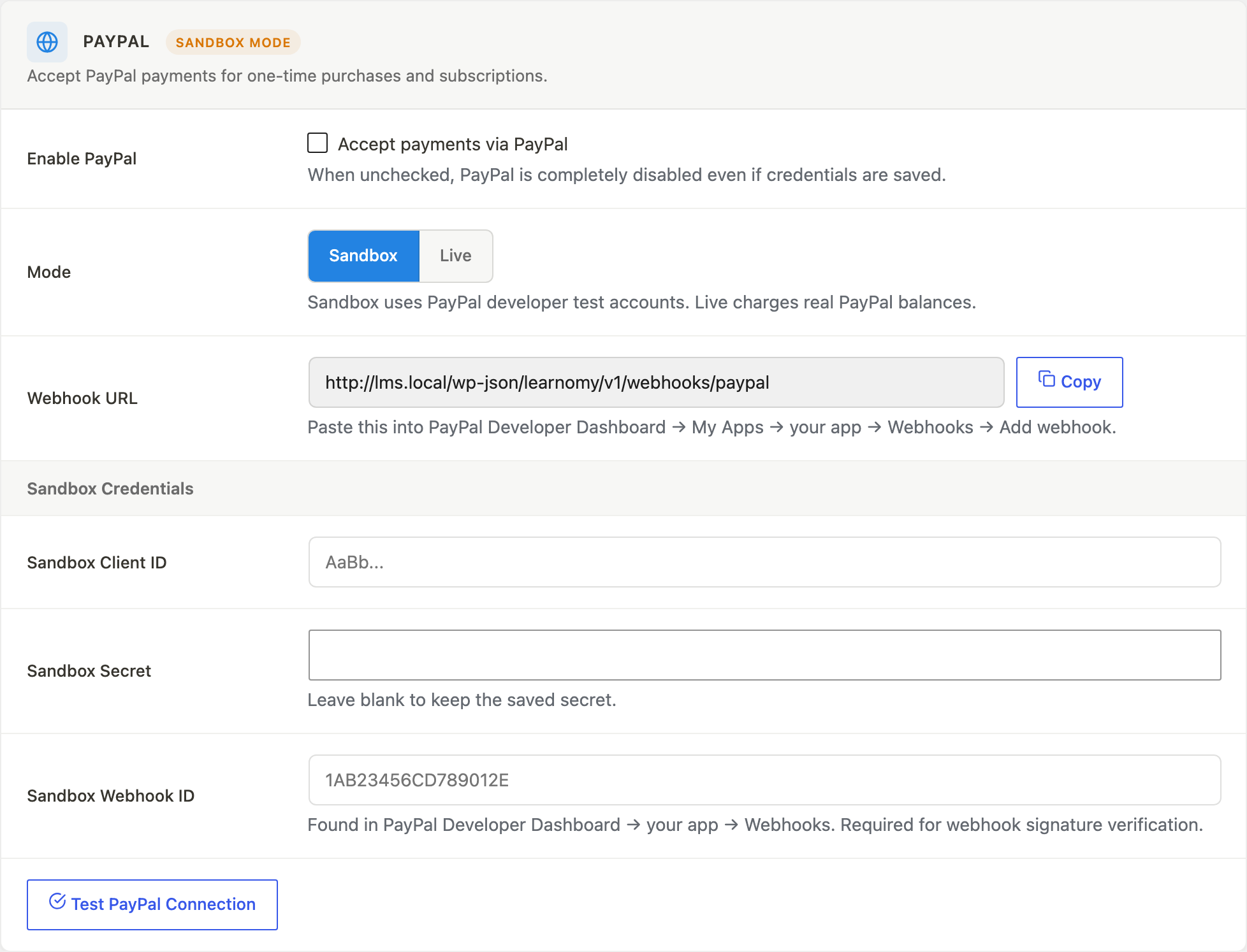 PayPal credentials
