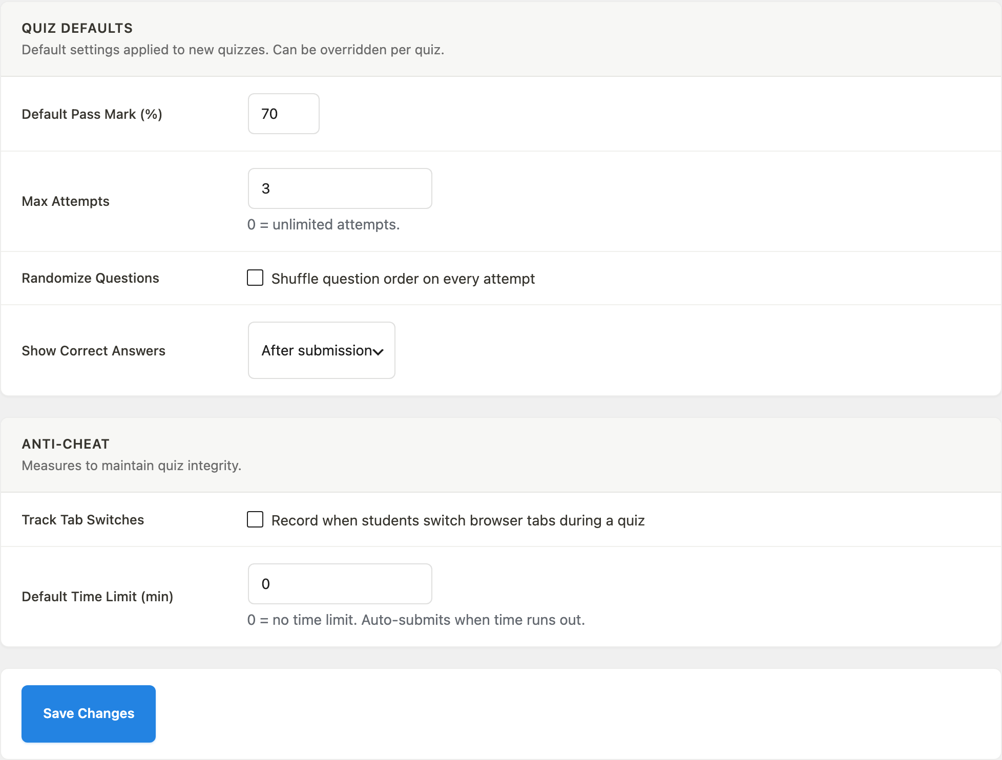 Quiz Settings section