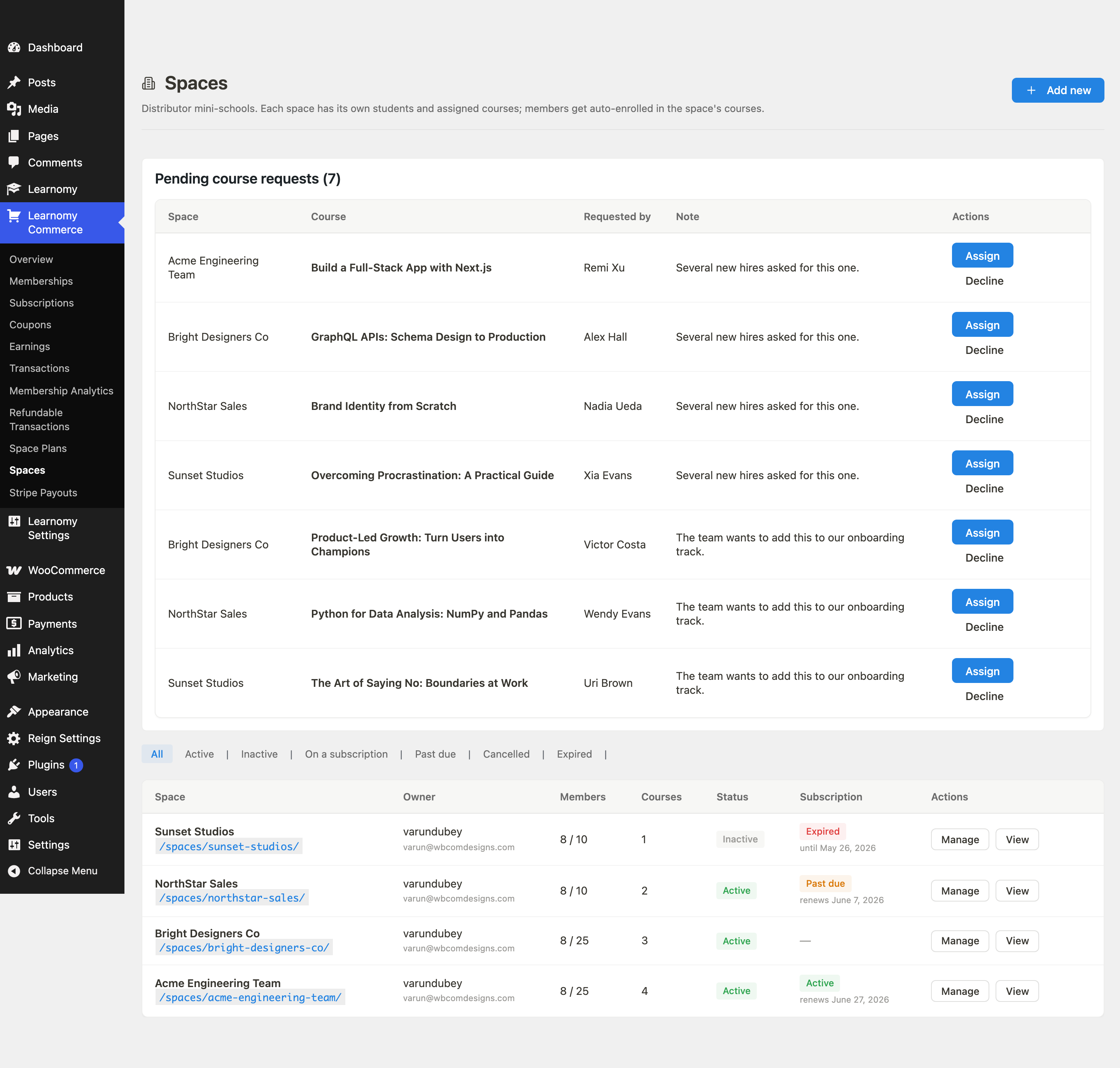 Spaces list
