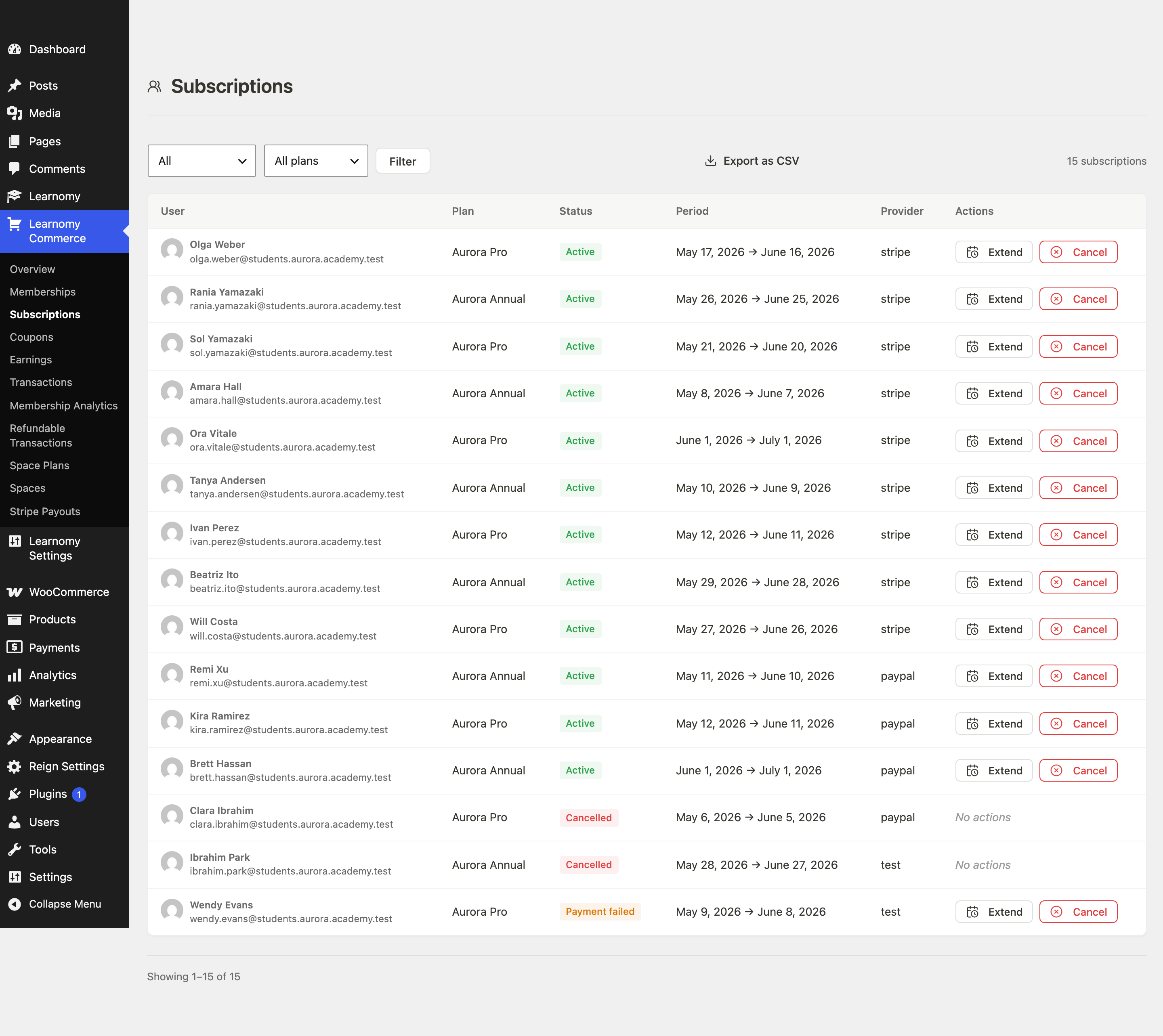 Subscriptions list