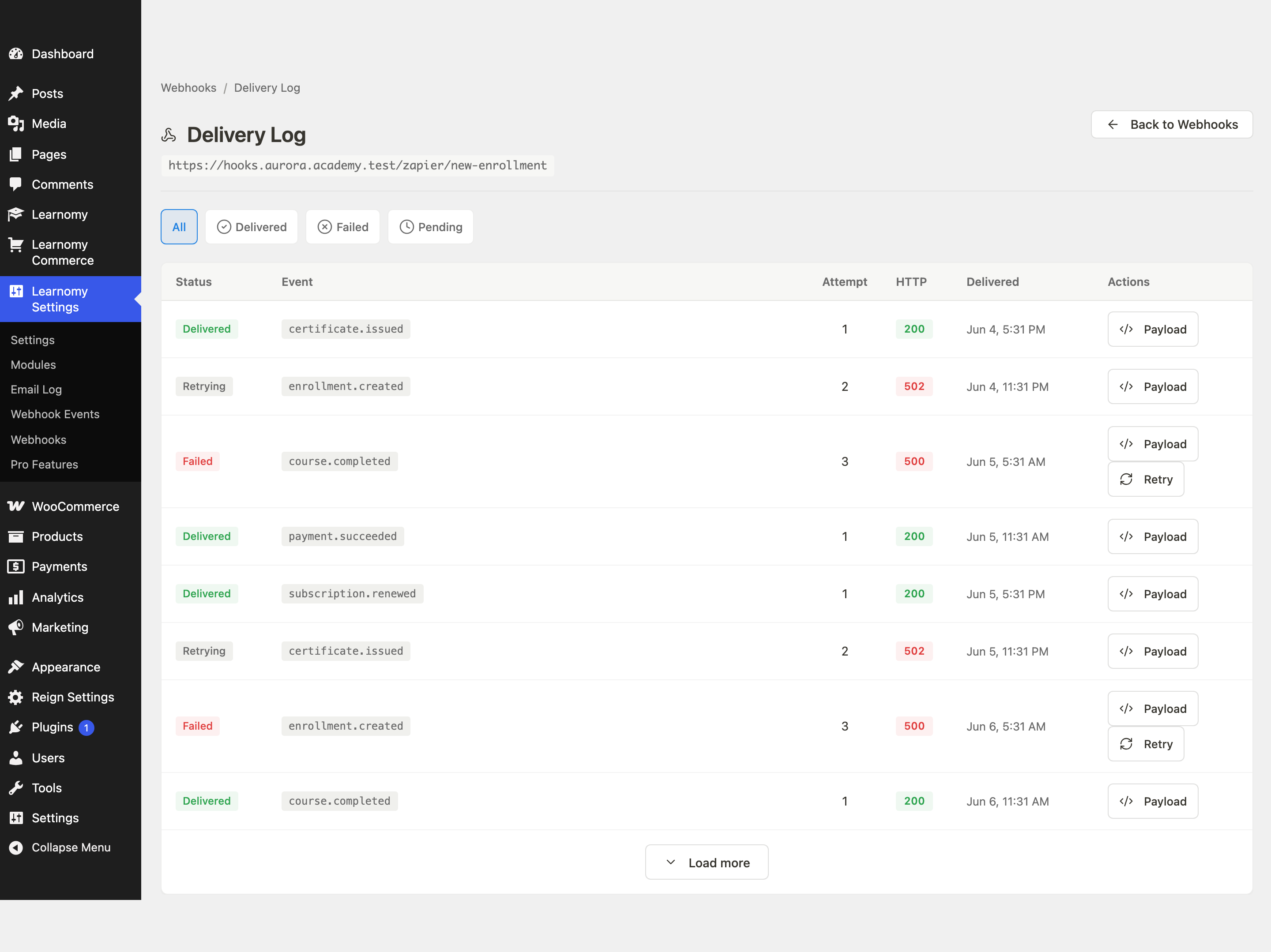 Delivery Log page