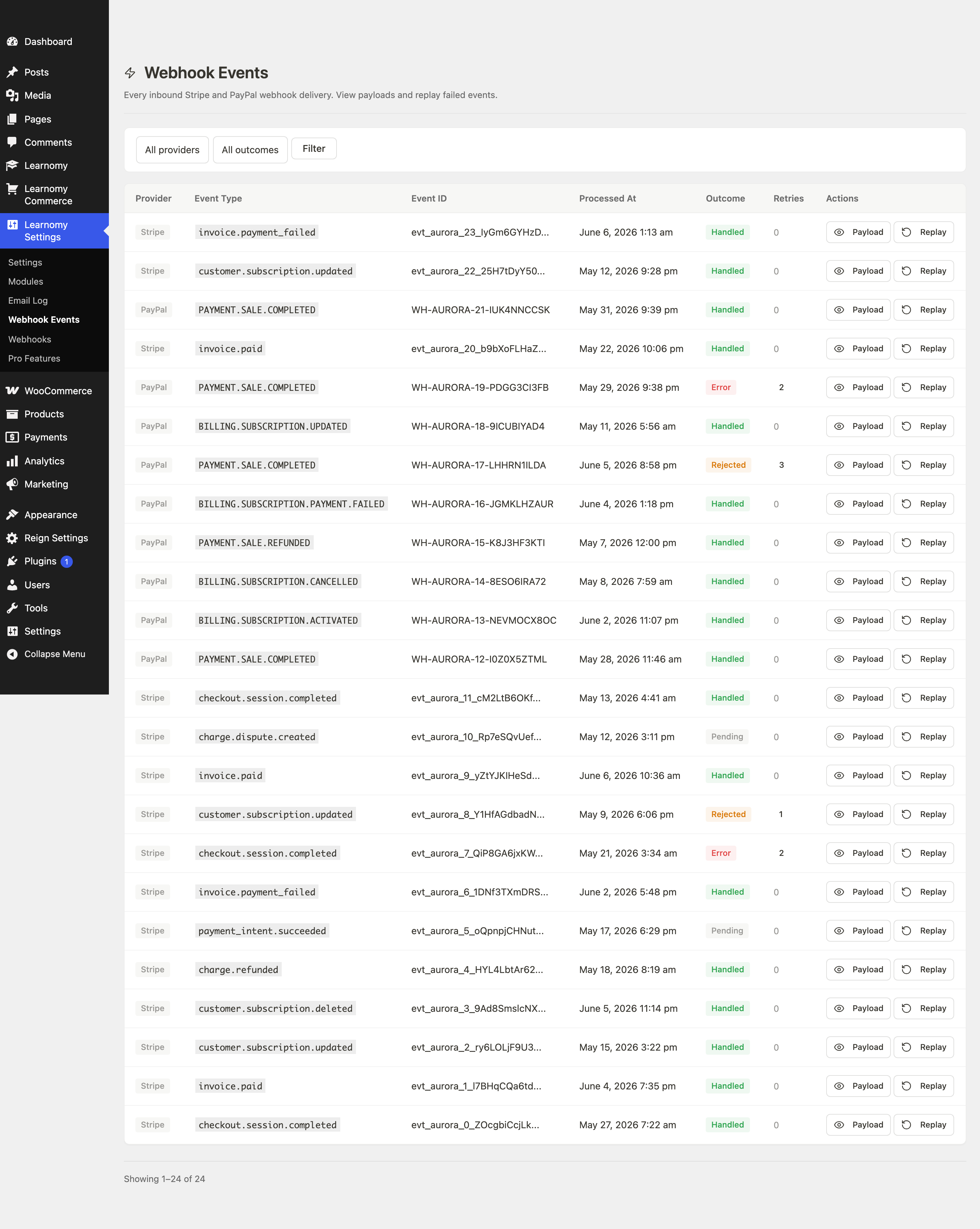 Webhook Events page