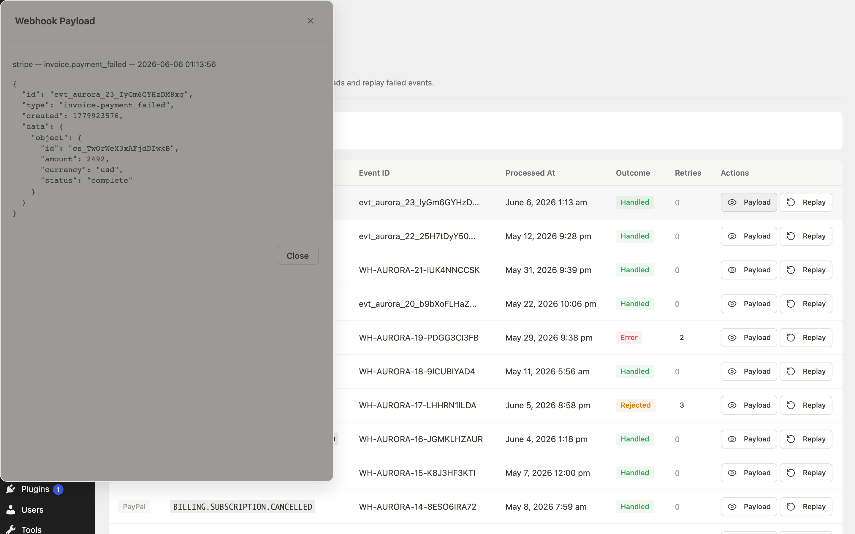 Payload modal