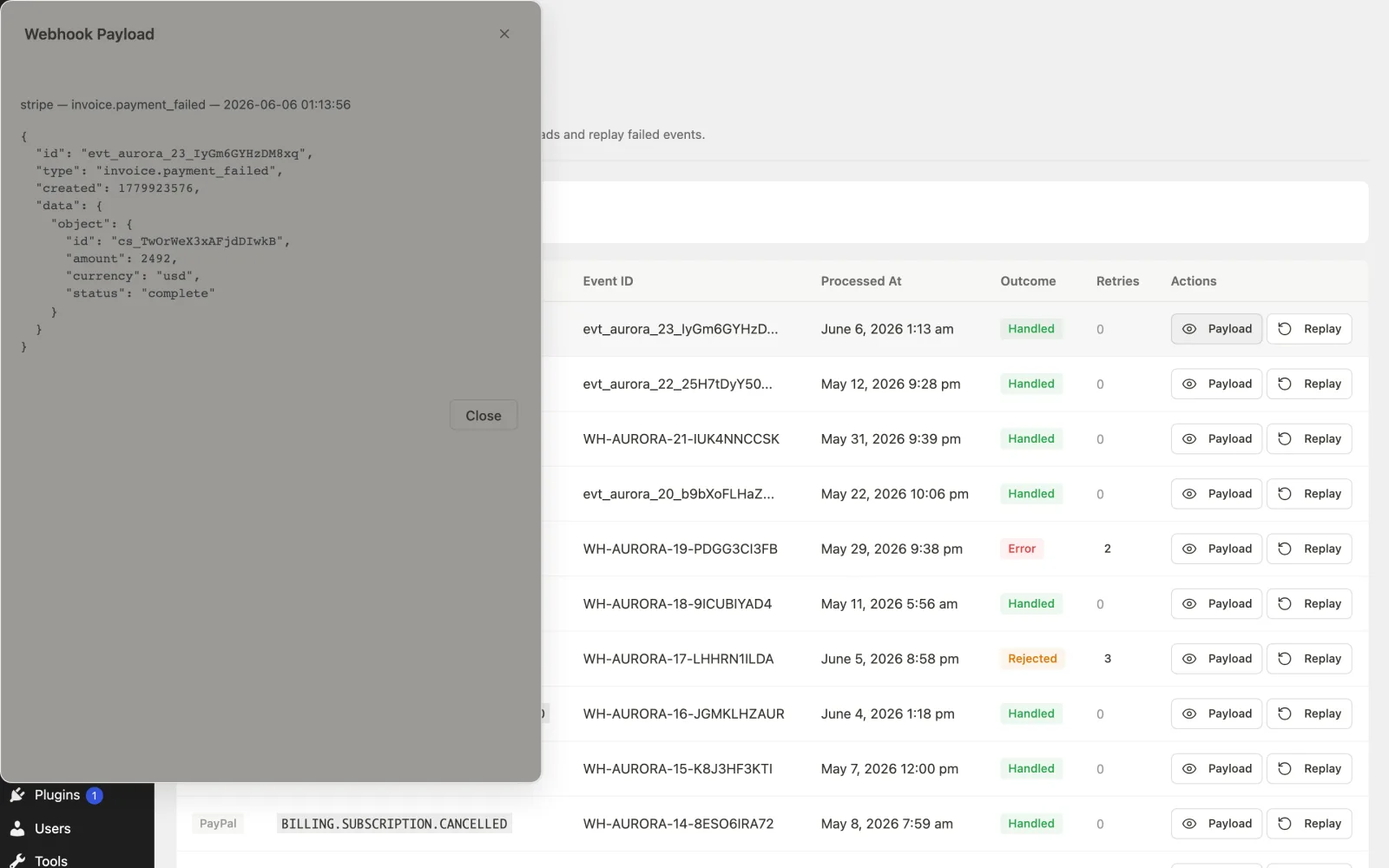 Payload modal
