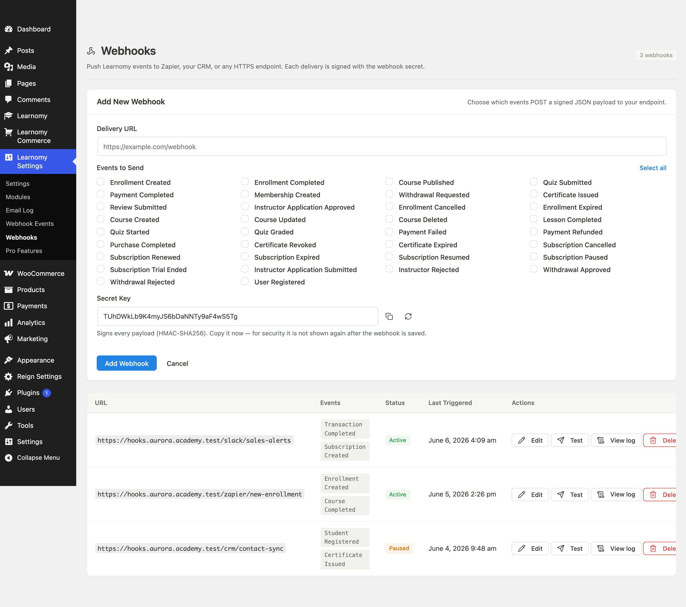 Webhooks page overview