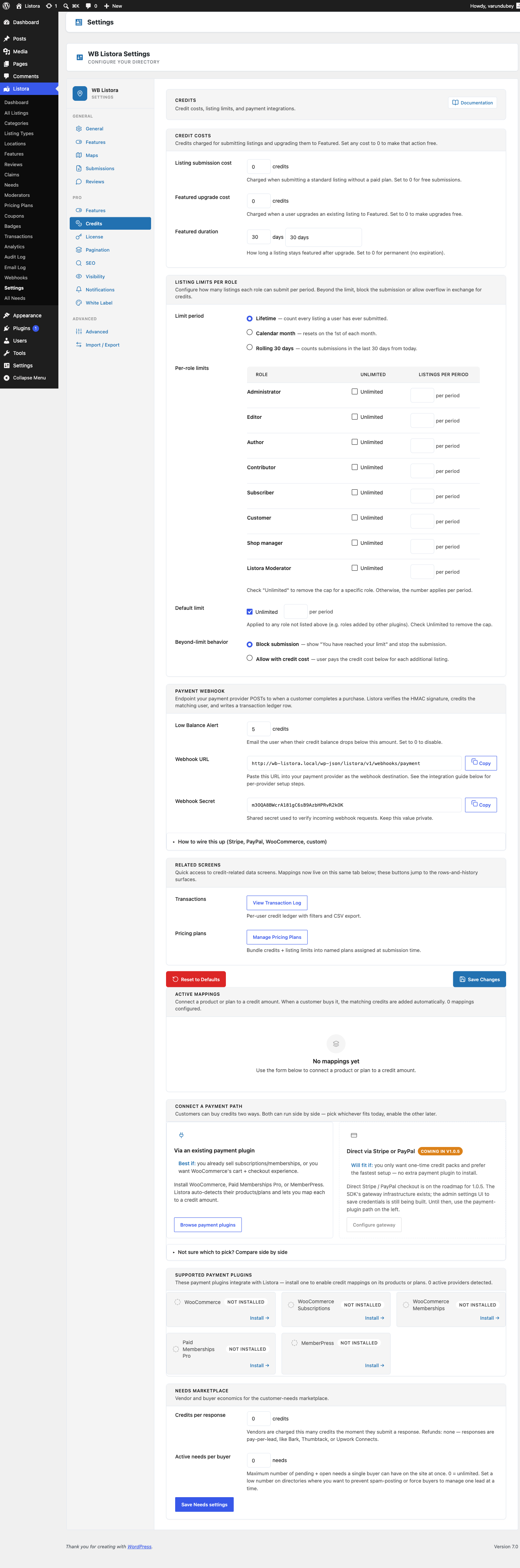 Credits + Plans admin with payment adapters