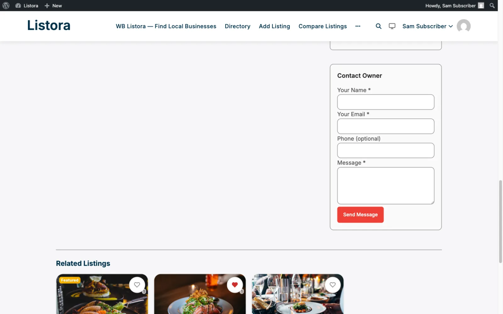 Lead capture form on a listing detail page
