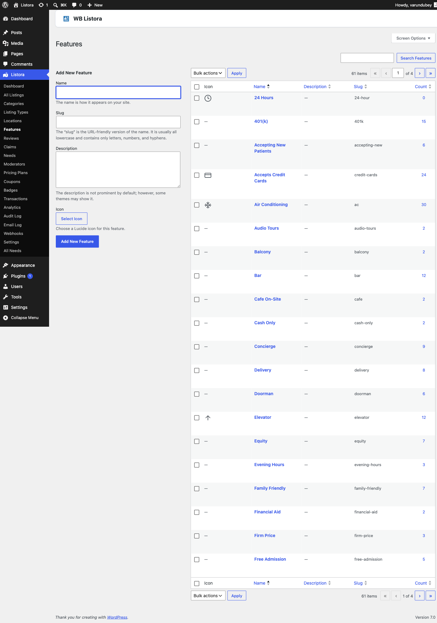 Amenities — Features taxonomy admin page with non-hierarchical term list