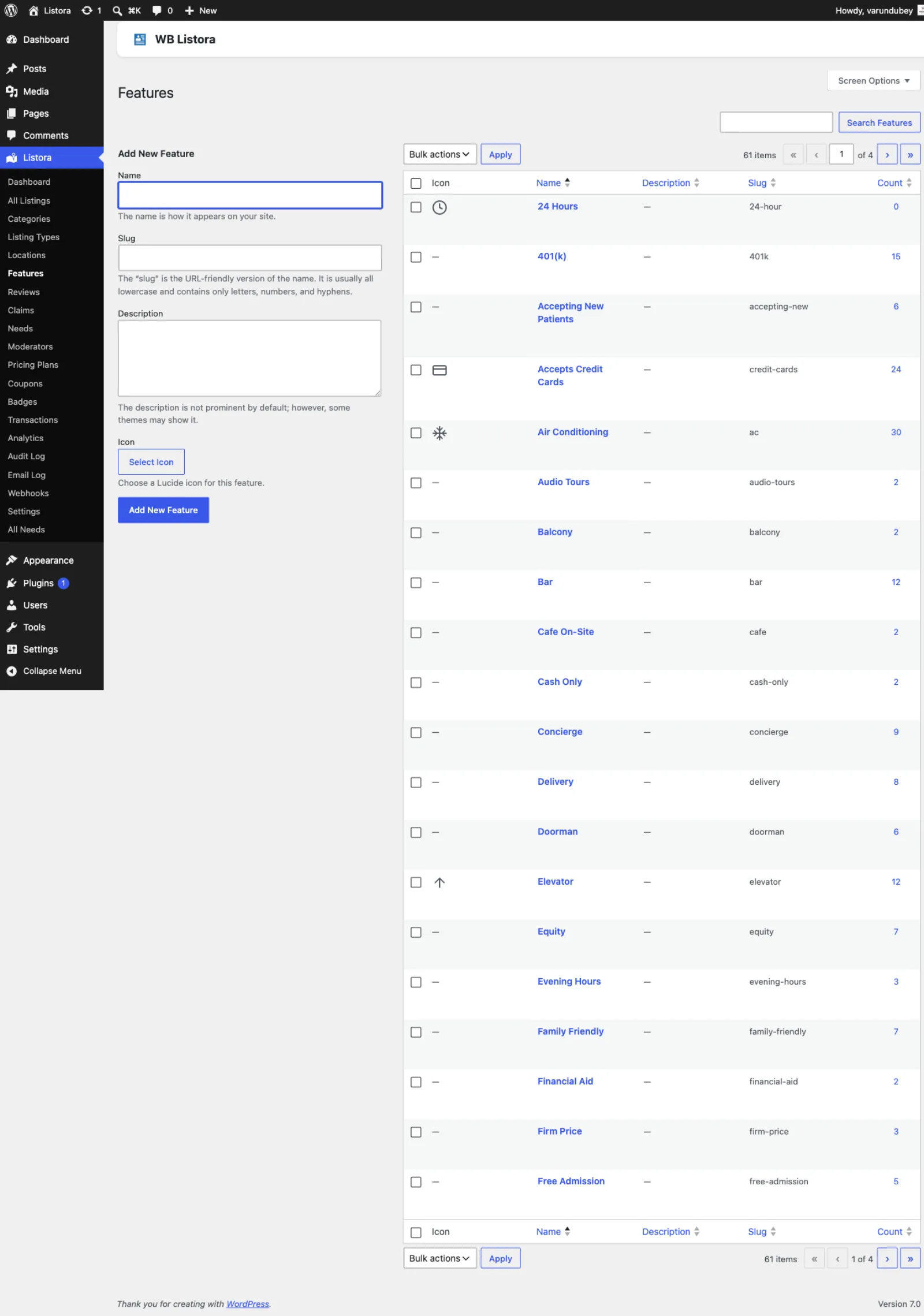Amenities - Features taxonomy admin page with non-hierarchical term list