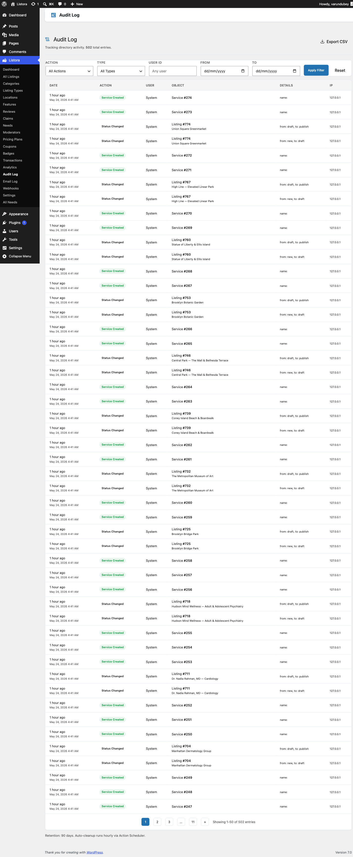 Audit Log — admin page showing chronological activity feed