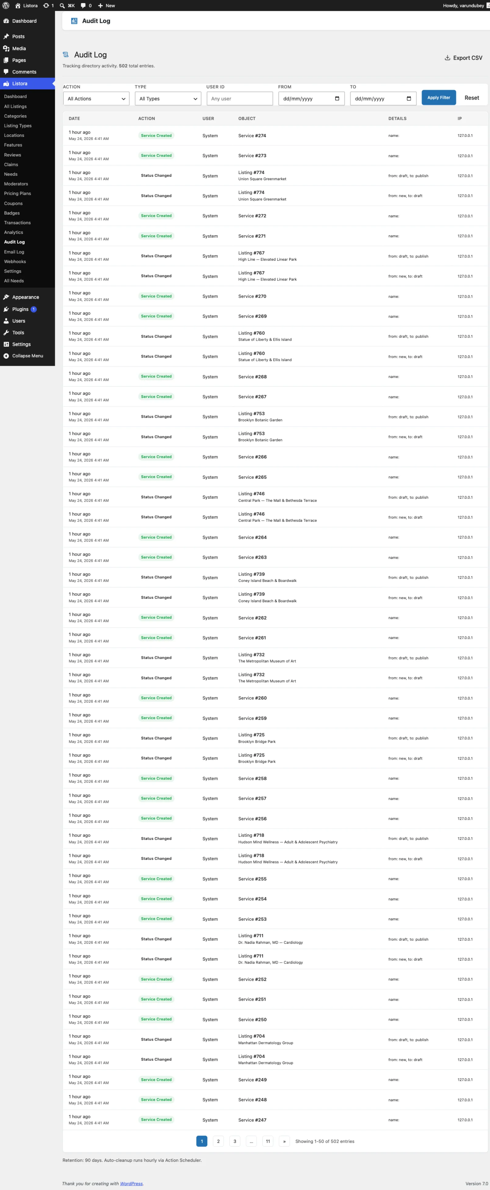 Audit Log - admin page showing chronological activity feed