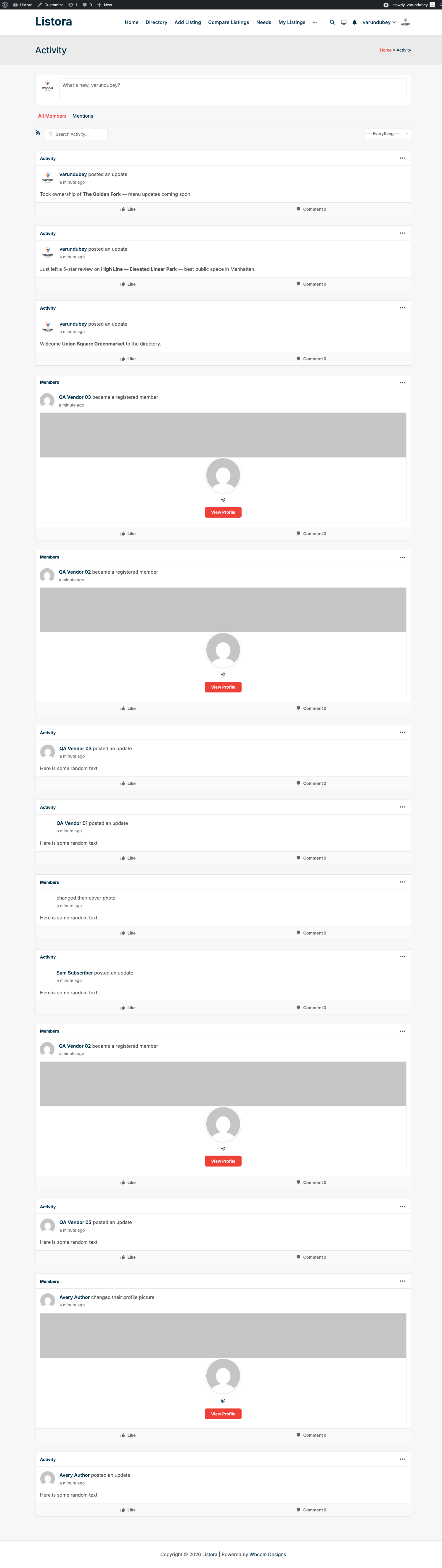 BuddyPress Integration — BP activity stream showing a Listora listing publication