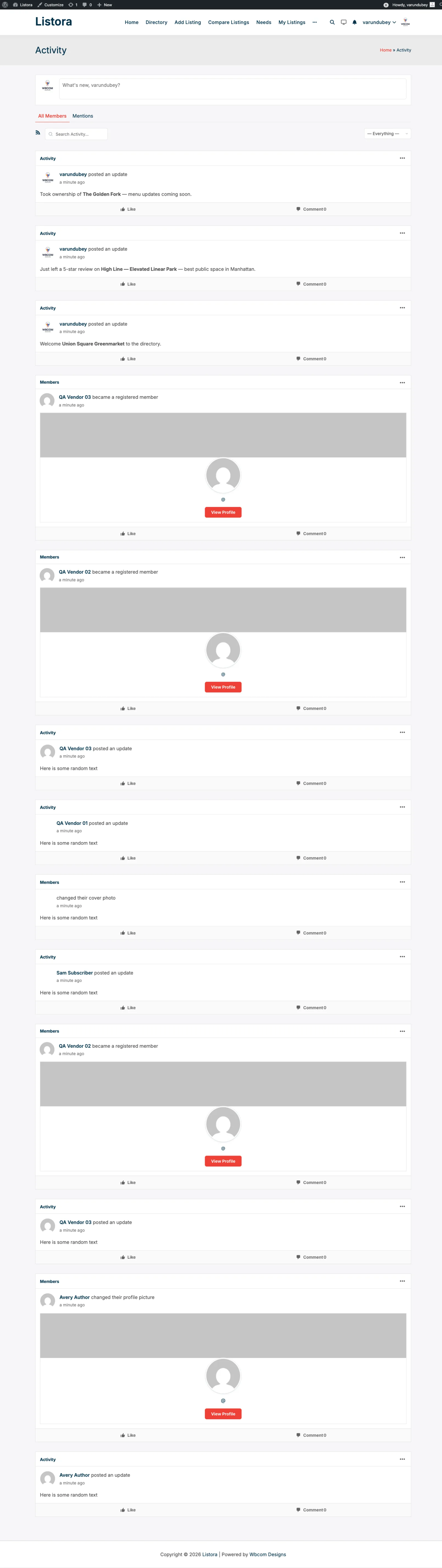 BuddyPress Integration - BP activity stream showing a Listora listing publication