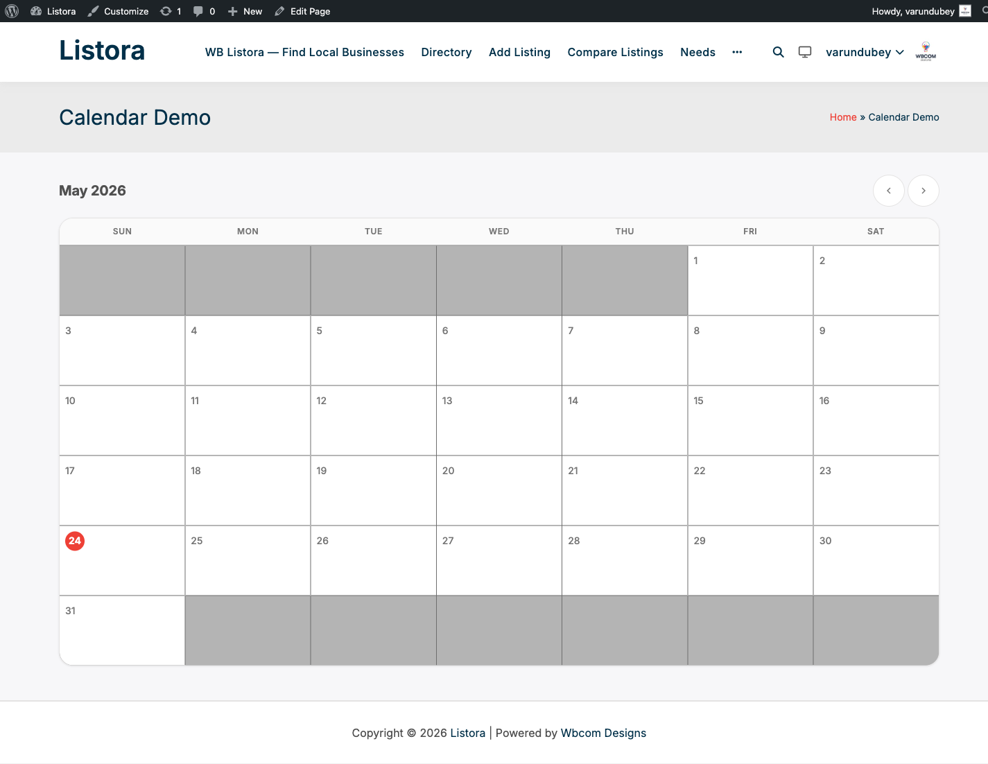 Calendar — monthly view with event dots colored by listing type