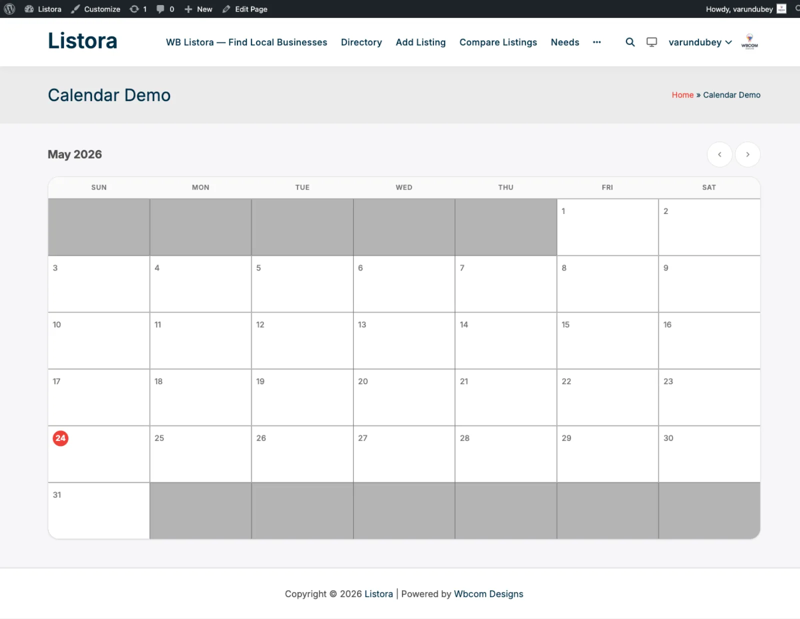 Calendar - monthly view with event dots colored by listing type