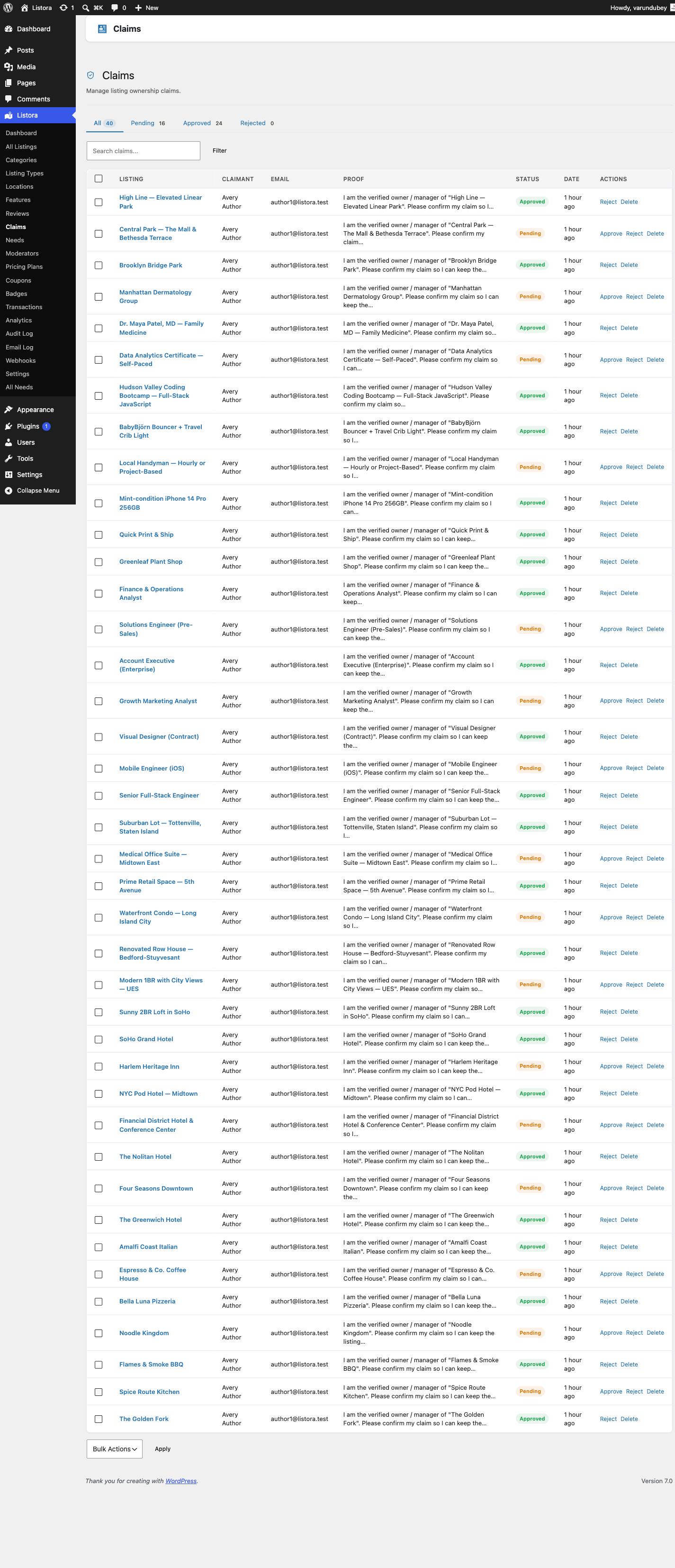 Claims admin — pending claims with approve / reject / view-proof actions