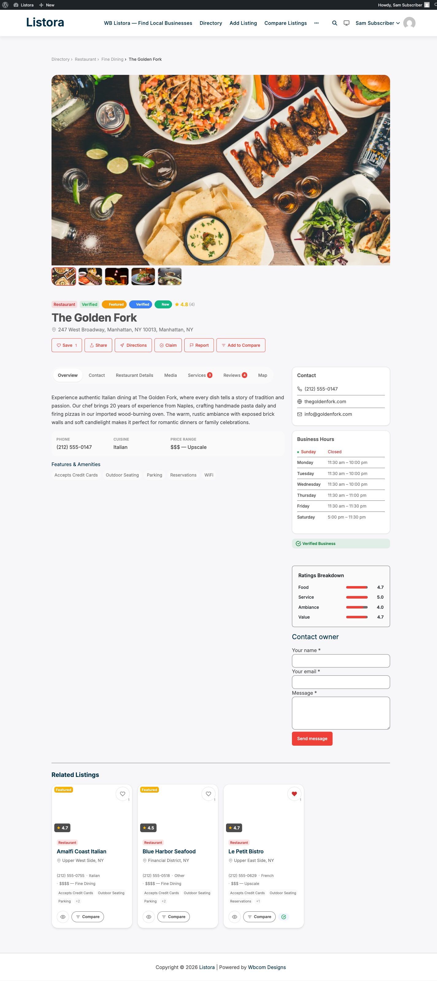 Contact Form — Free Contact owner form on listing detail, with name + email + message fields