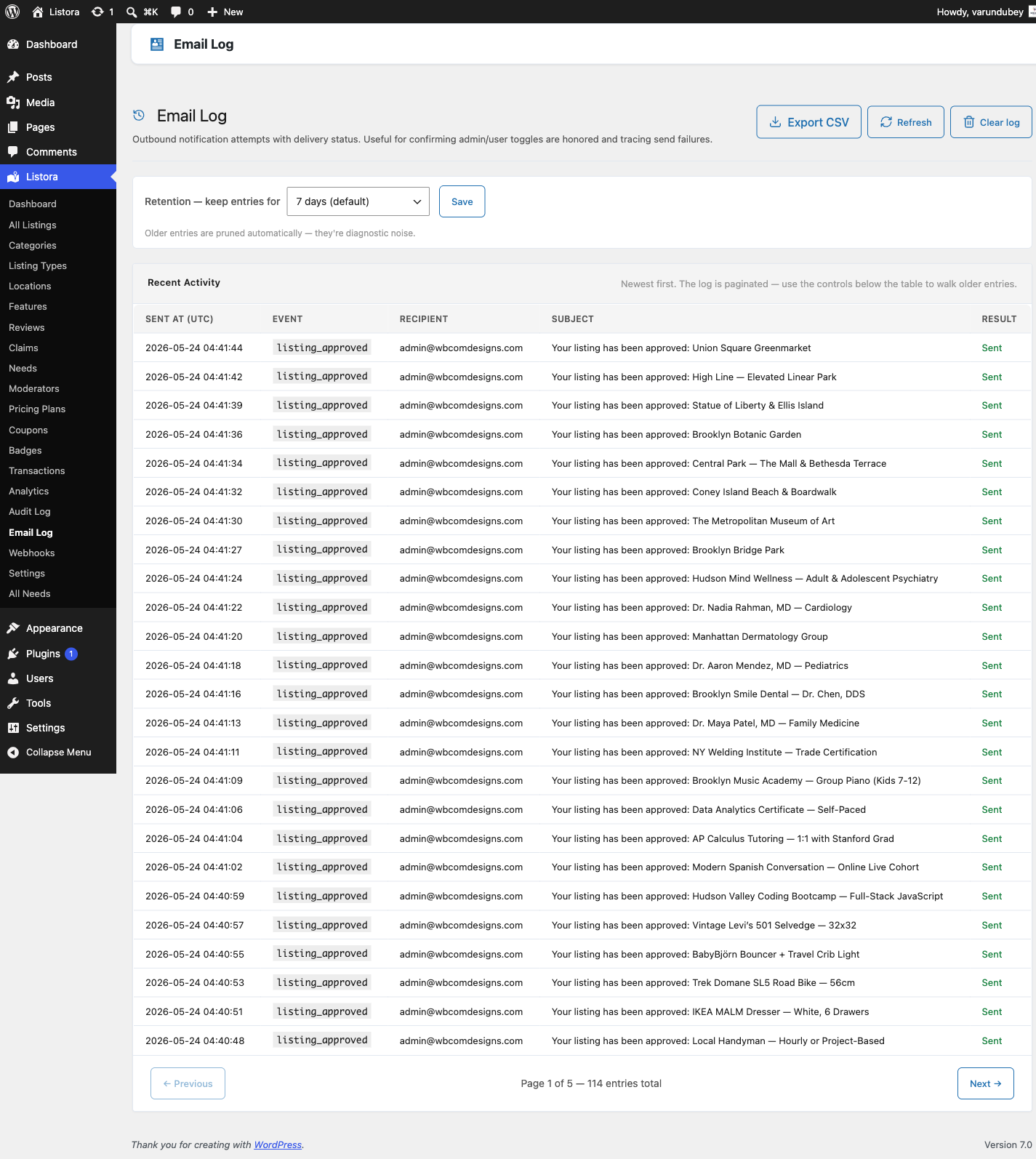 Email Log — admin page with retention selector + recent activity table